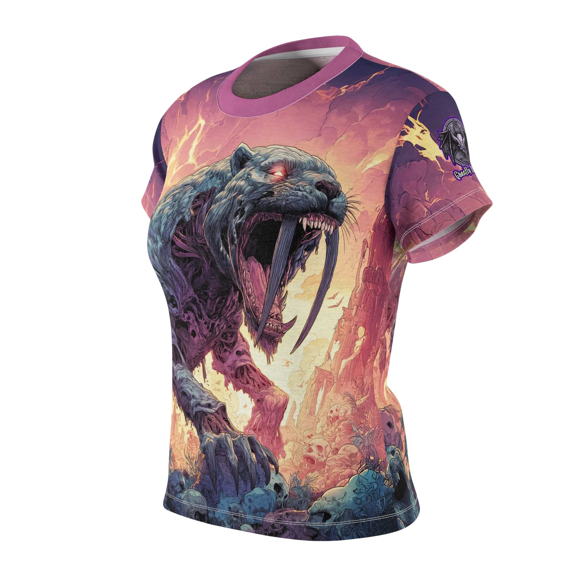 Zombie Smilodon Sabretooth Cat In Volcanic Wasteland Tee Women's (AOP) - Image 3