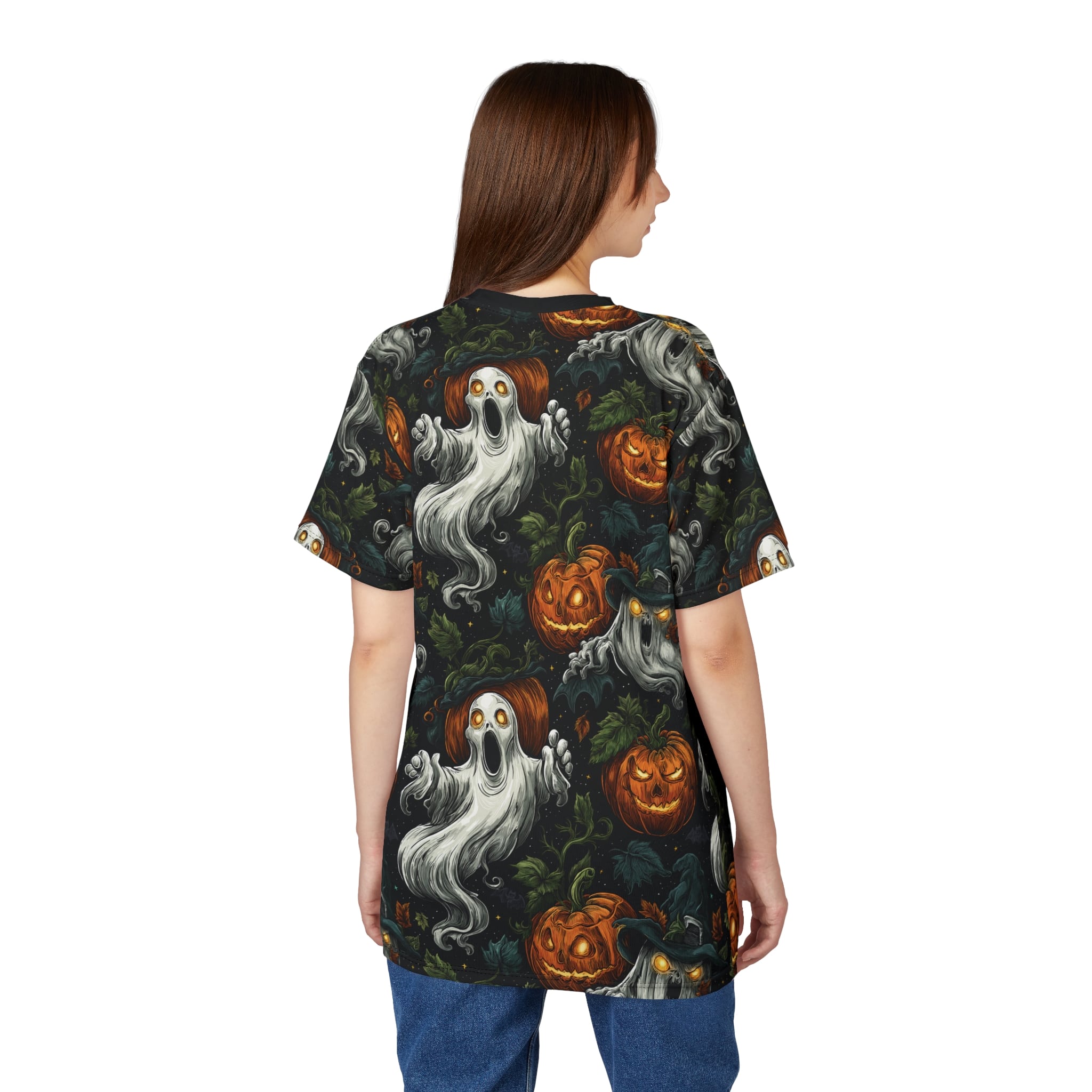 Halloween Ghosts & Pumpkins Pattern 1 Unisex Cut & Sew Tee (AOP) - Image 11