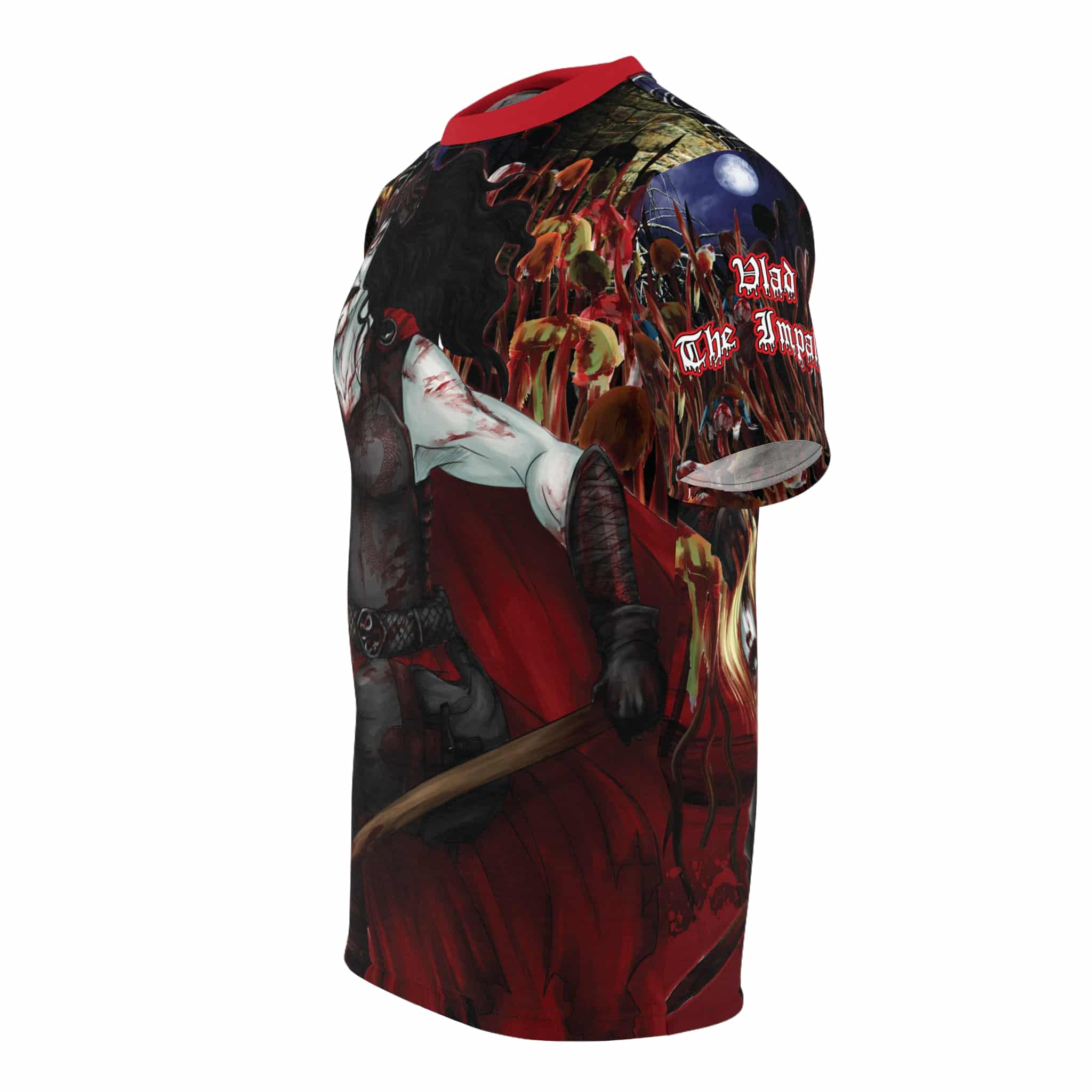 Vlad The Impaler Conquest Unisex Cut & Sew Tee (AOP) - Red Collar - Image 3