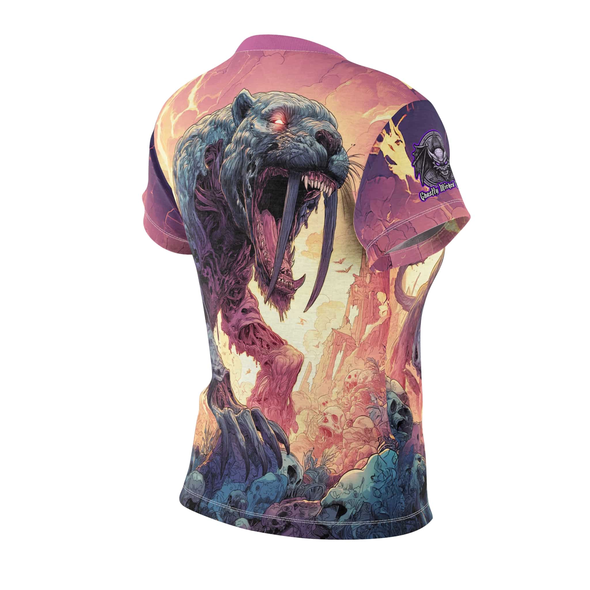 Zombie Smilodon Sabretooth Cat In Volcanic Wasteland Tee Women's (AOP) - Image 4
