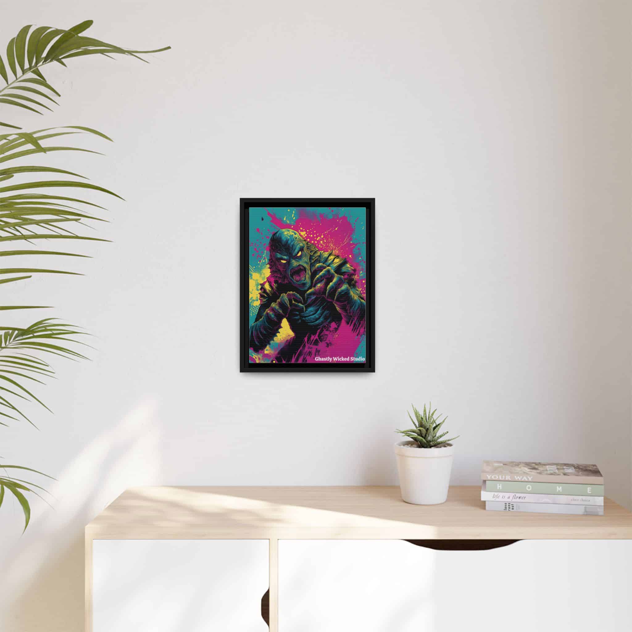 Creature From The Deep Pop 60’s Art Style Matte Canvas, Black Frame Halloween - Image 3