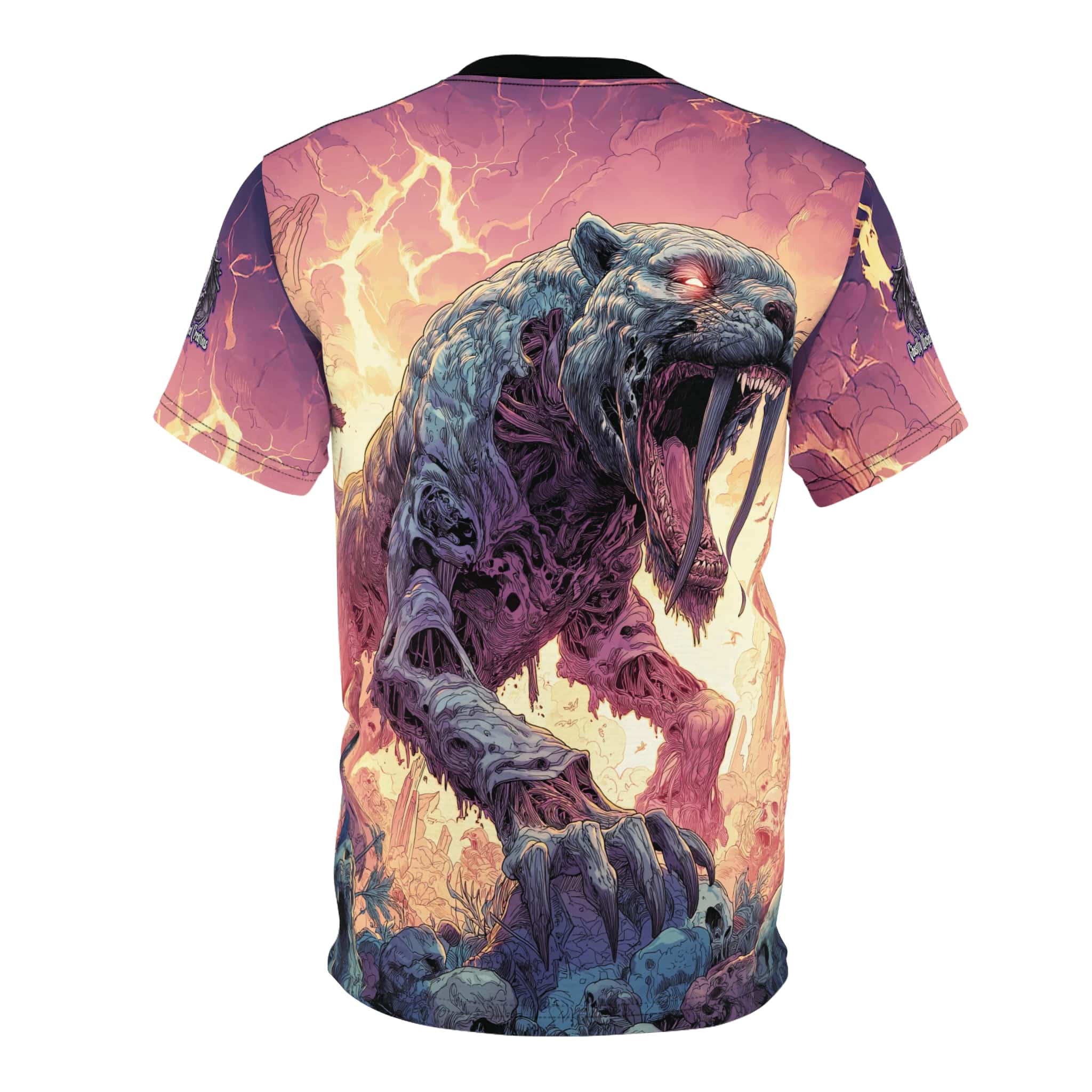 Zombie Smilodon Sabretooth Cat In Volcanic Wasteland Tee Unisex (AOP) - Image 7