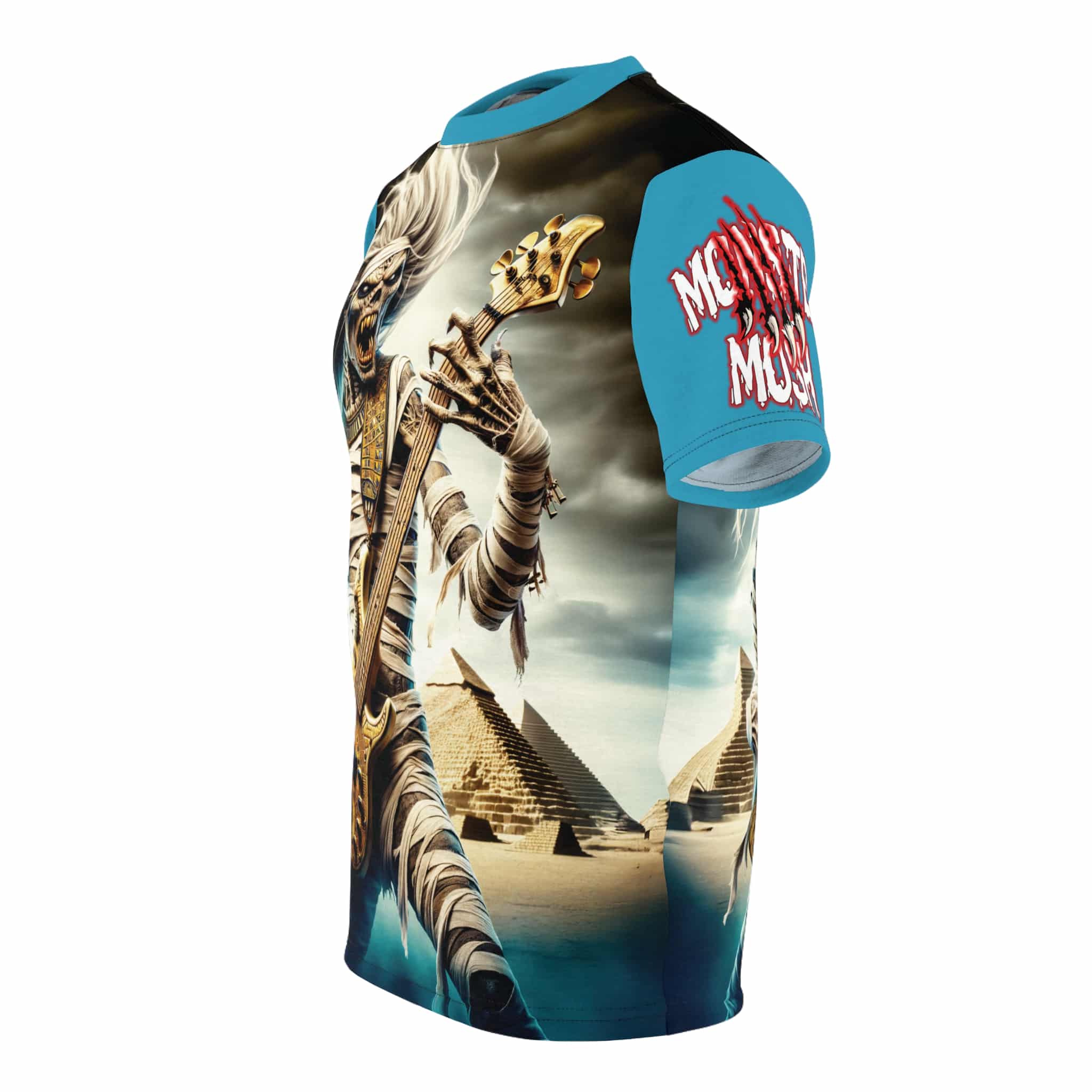Monster Mosh 2024 Tour Mummy Bass Guitar MM-D003 Unisex Cut & Sew Tee (AOP) - Turquoise Or Yellow Sleeves - Image 7