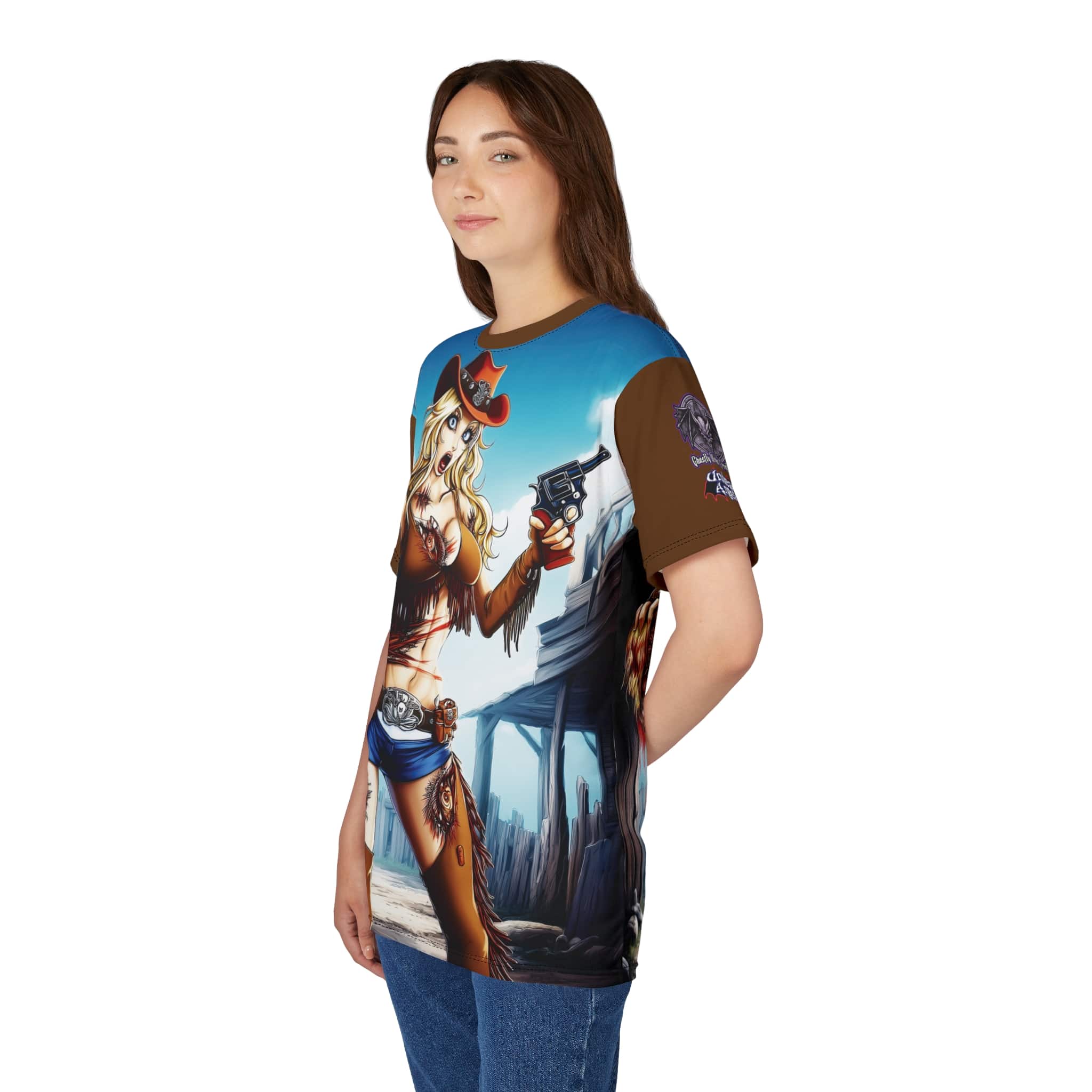 Undead Angels Zombie Cowgirl Cassidy Classic Reborn Style Unisex Cut & Sew Tee (AOP) Brown - Image 18