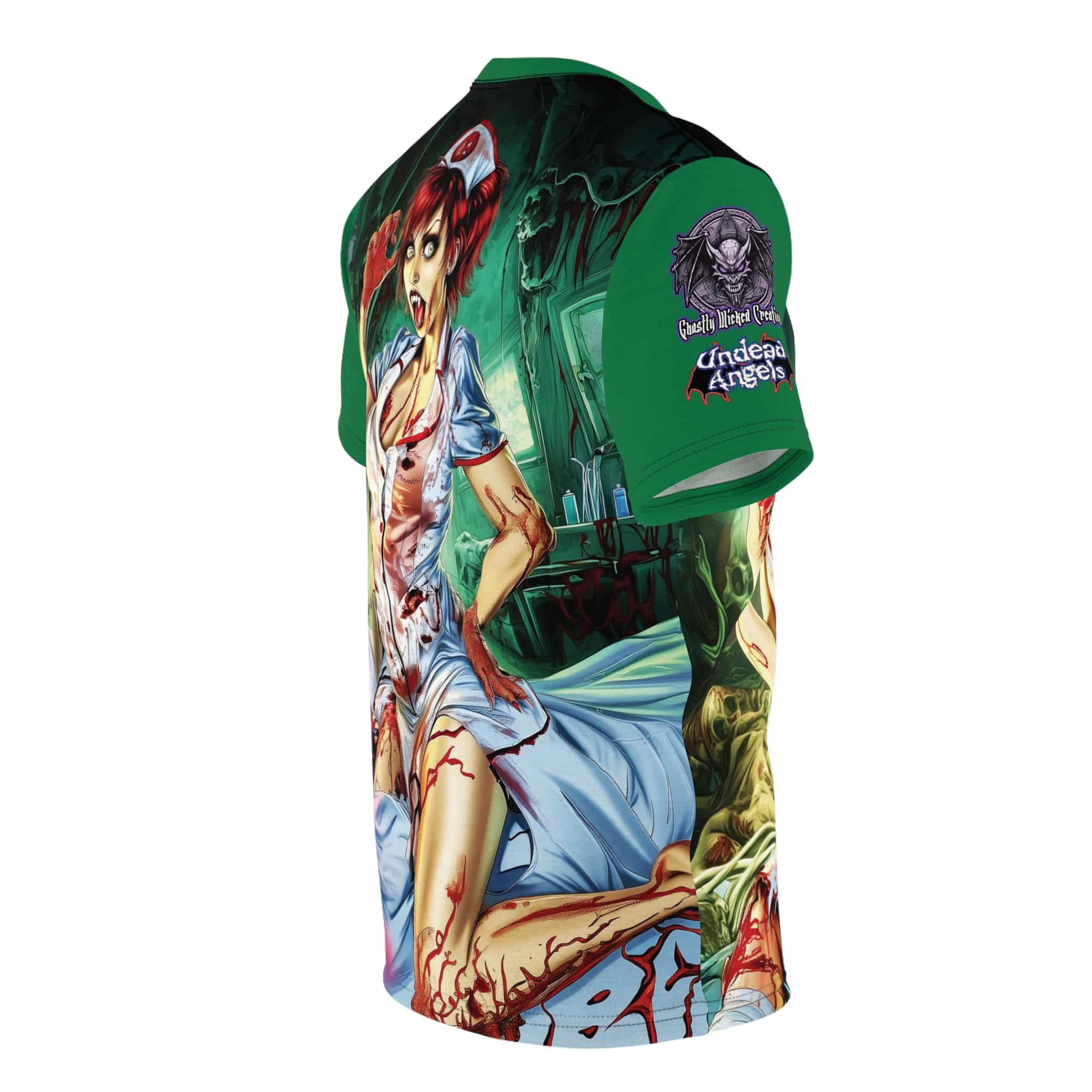 Undead Angels Zombie Nurse Abigail Reborn Style BZ-DS Unisex Cut & Sew Tee (AOP) Green - Image 15