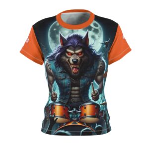 Monster Mosh 2024 Tour Wolfie On Drums MM-D004 Women's Cut & Sew Tee (AOP) - Black or Orange Sleeves