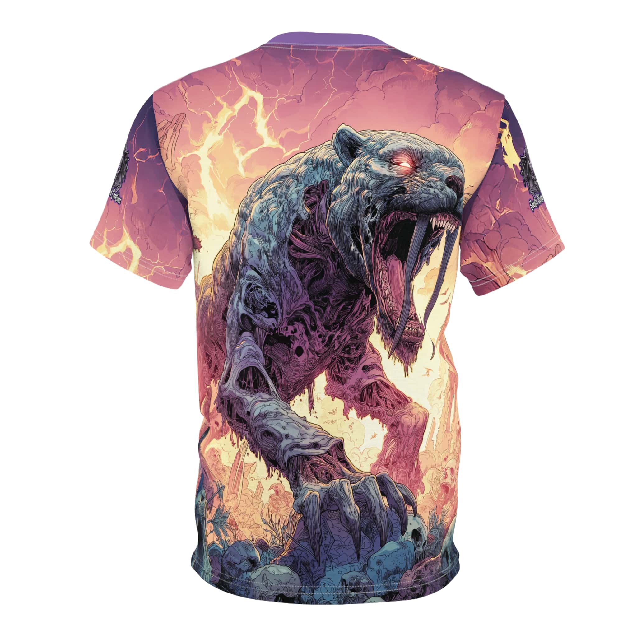 Zombie Smilodon Sabretooth Cat In Volcanic Wasteland Tee Unisex (AOP) - Image 22