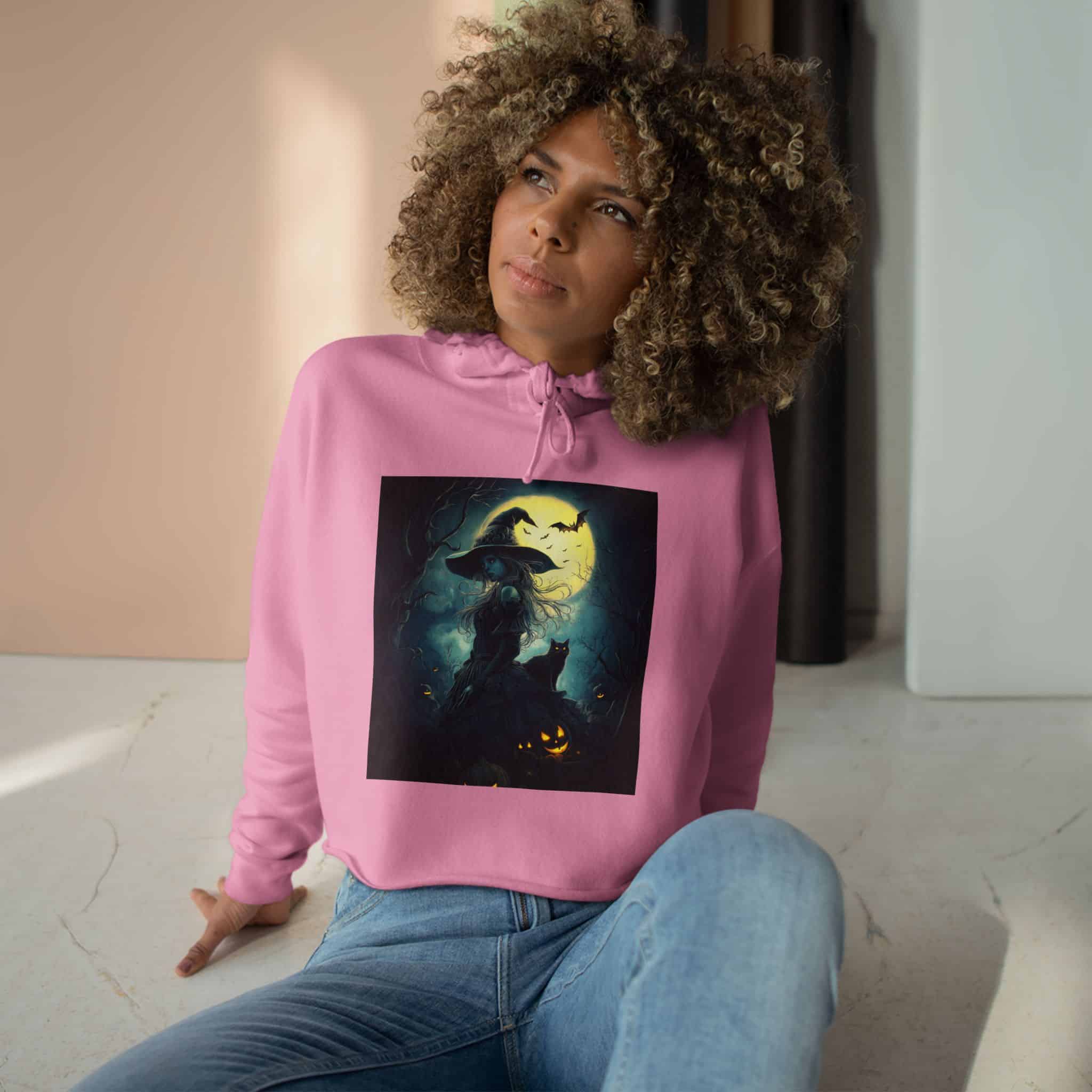Witch With Black Cat By Moonlight #MJ-W001 Woman's Crop Hoodie - Image 18