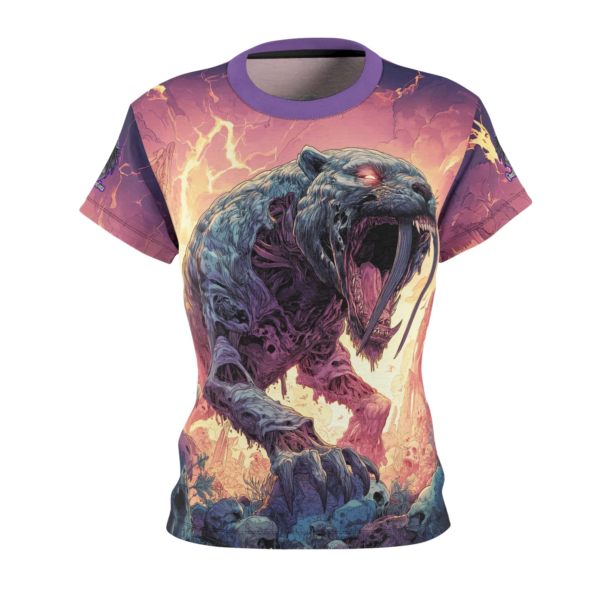 Zombie Smilodon Sabretooth Cat In Volcanic Wasteland Tee Women's (AOP) - Image 5