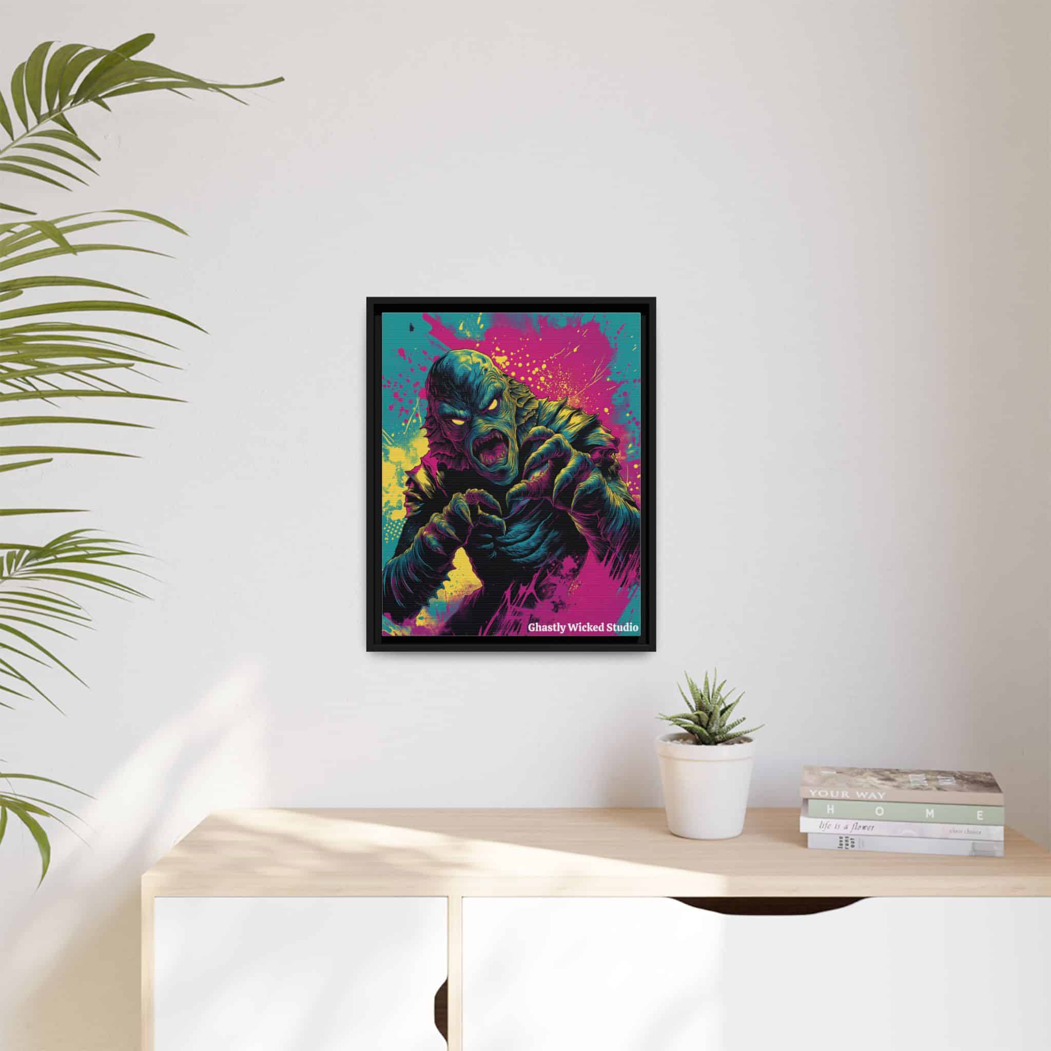 Creature From The Deep Pop 60’s Art Style Matte Canvas, Black Frame Halloween - Image 6