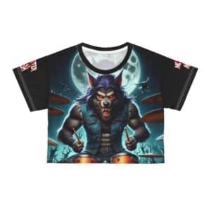Monster Mosh 2024 Tour Wolfie On Drums MM-D004 Crop Tee (AOP) - Black Sleeves
