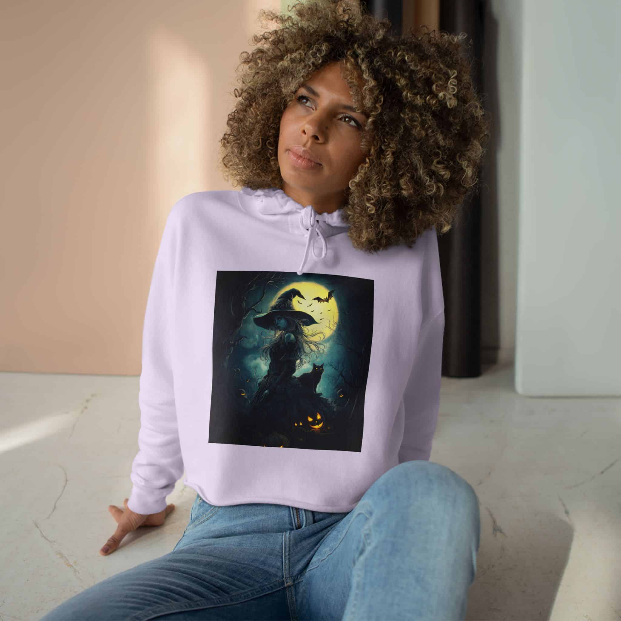 Witch With Black Cat By Moonlight #MJ-W001 Woman's Crop Hoodie - Image 15