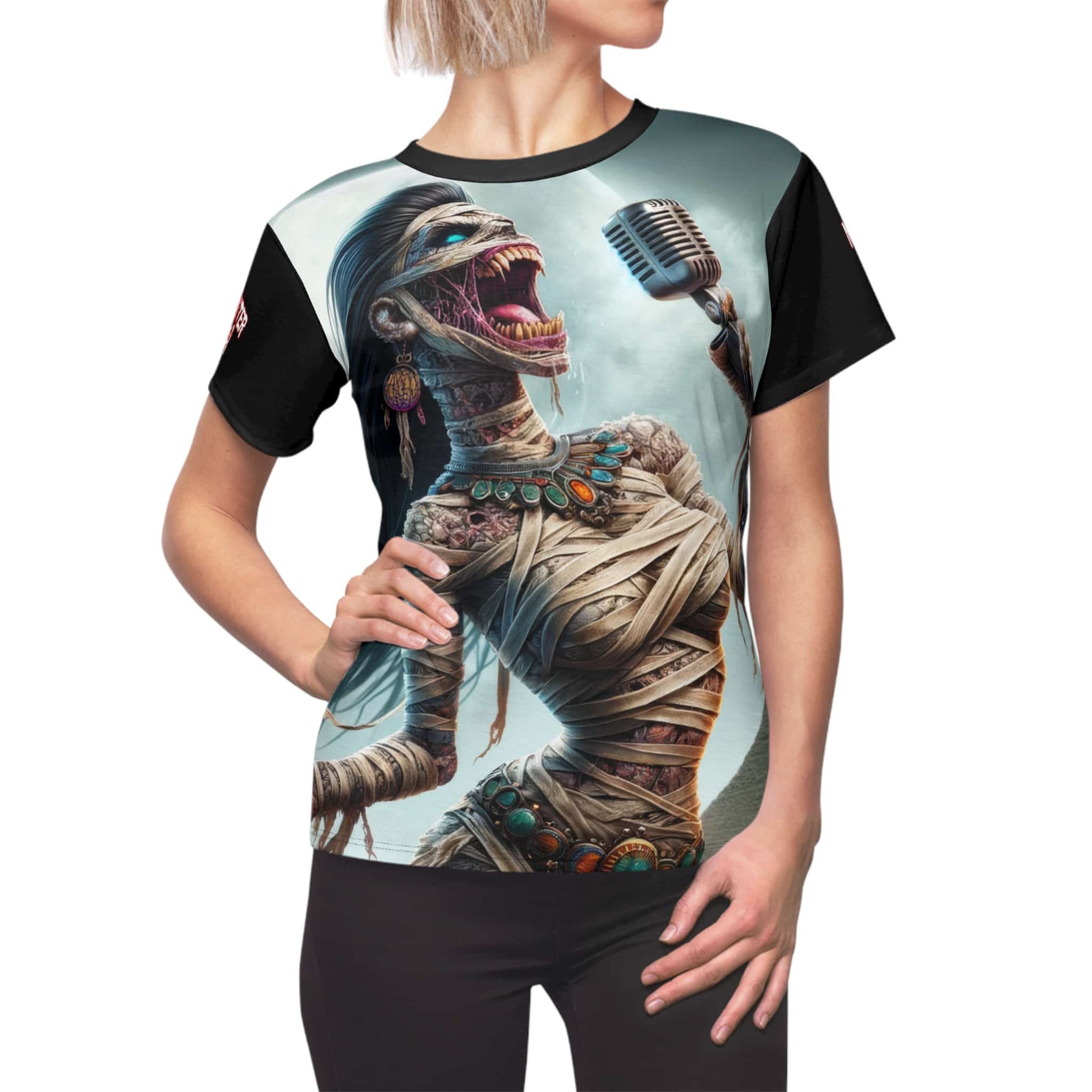 Monster Mosh 2024 Tour Mummy Goddess Singer #MM-D-MG01 Women's Cut & Sew Tee (AOP) - Black or Pink Sleeves