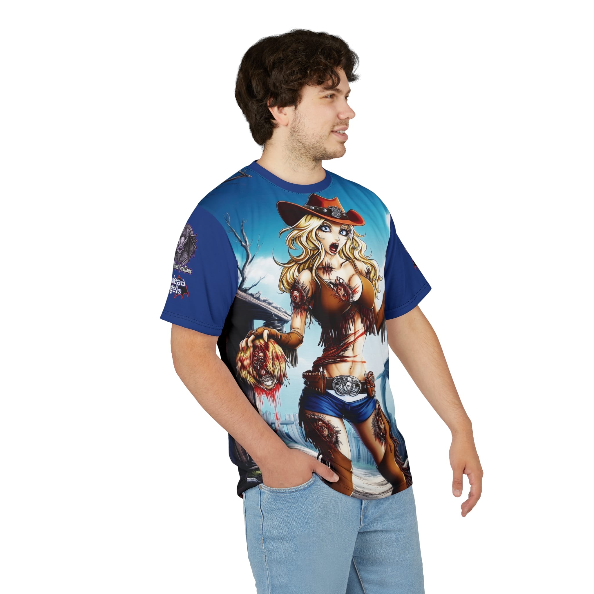 Undead Angels Zombie Cowgirl Cassidy Classic Reborn Style Unisex Cut & Sew Tee (AOP) Blue - Image 16