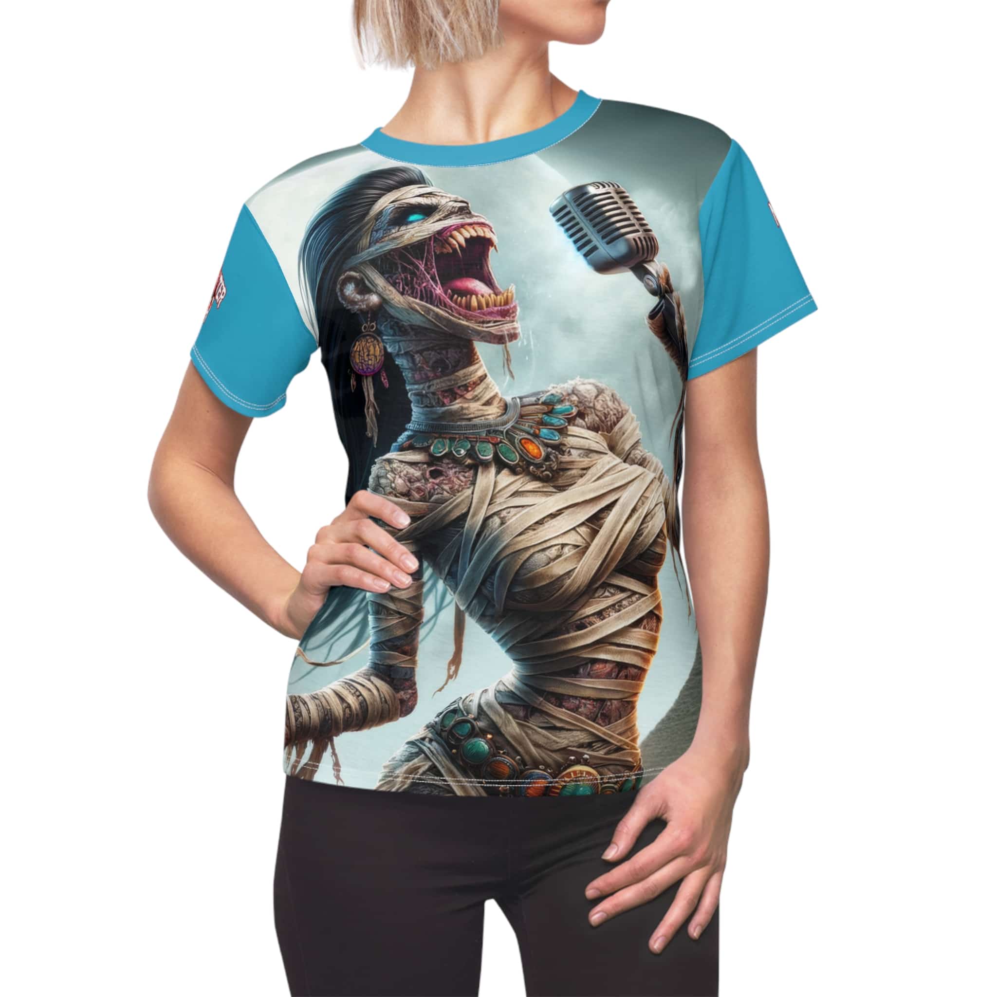 Monster Mosh 2024 Tour Mummy Goddess Singer #MM-D-MG01 Women's Cut & Sew Tee (AOP) - Black or Pink Sleeves - Image 7