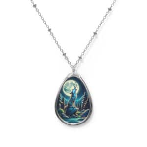 Howling Wolf Toon Style WD-D012 By Wyldesigns Oval Necklace