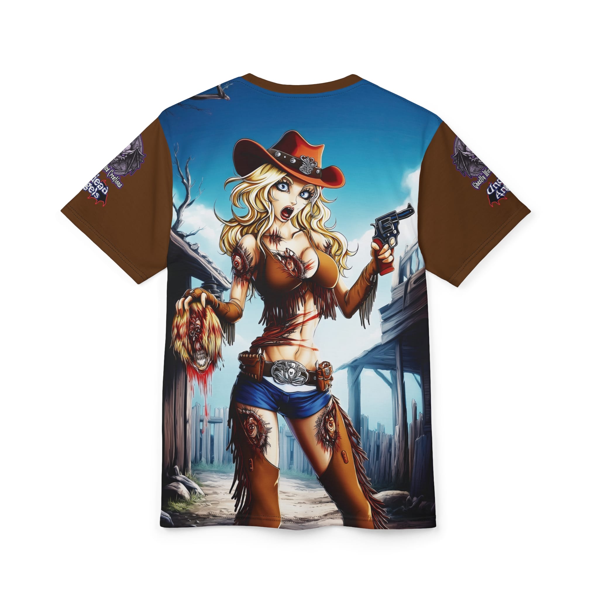Undead Angels Zombie Cowgirl Cassidy Classic Reborn Style Unisex Cut & Sew Tee (AOP) Brown - Image 8