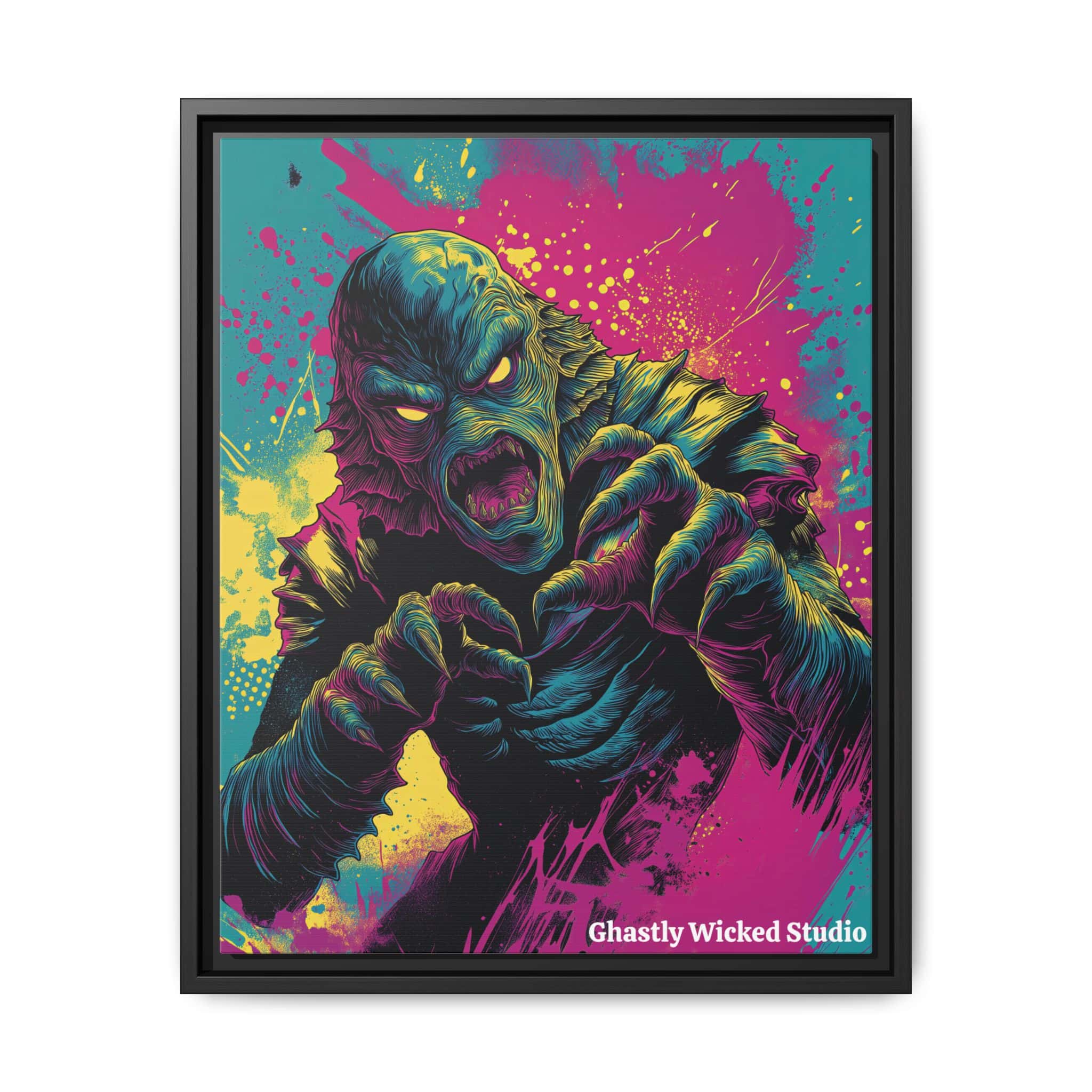 Creature From The Deep Pop 60’s Art Style Matte Canvas, Black Frame Halloween - Image 4