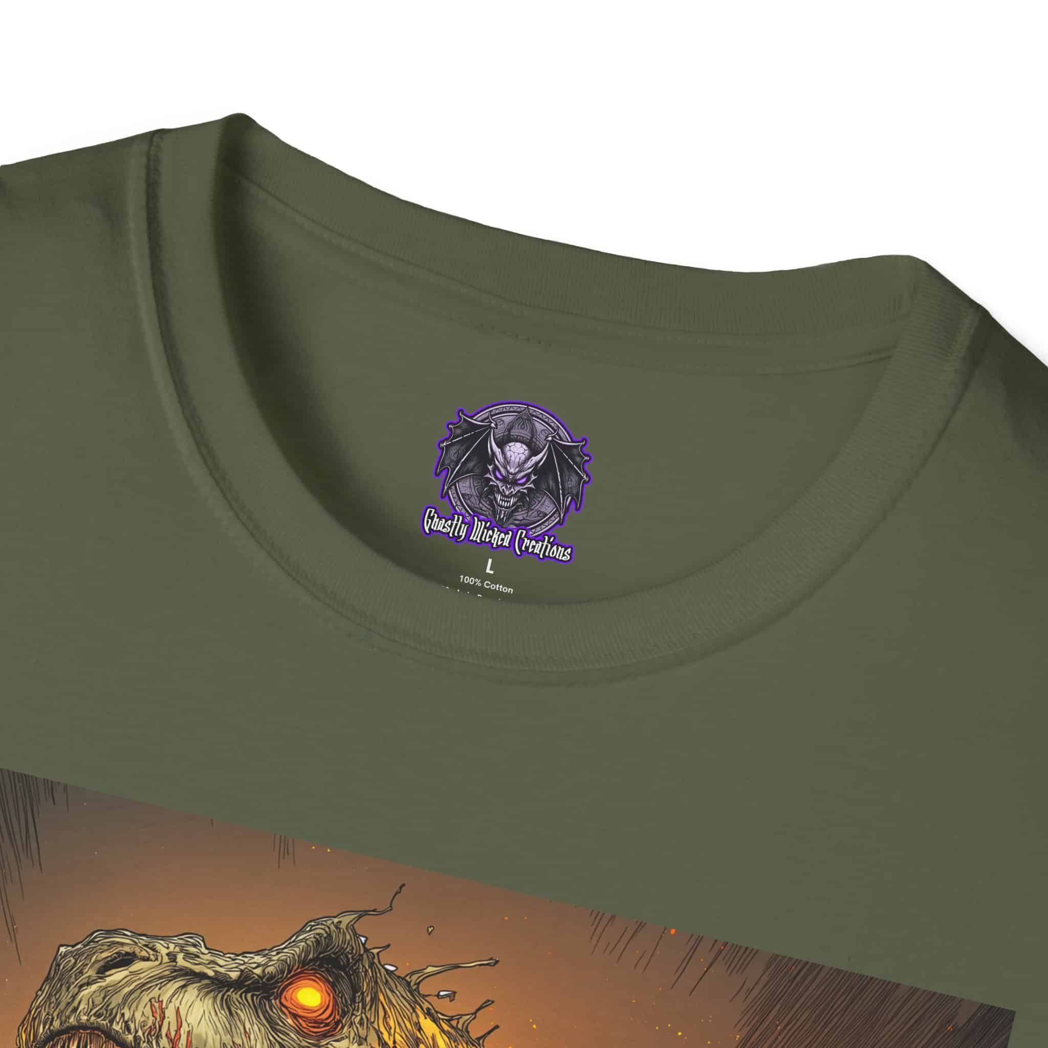 Zombie T-Rex Tyrannosaurus In Volcanic Wasteland Unisex T-Shirt - Image 27