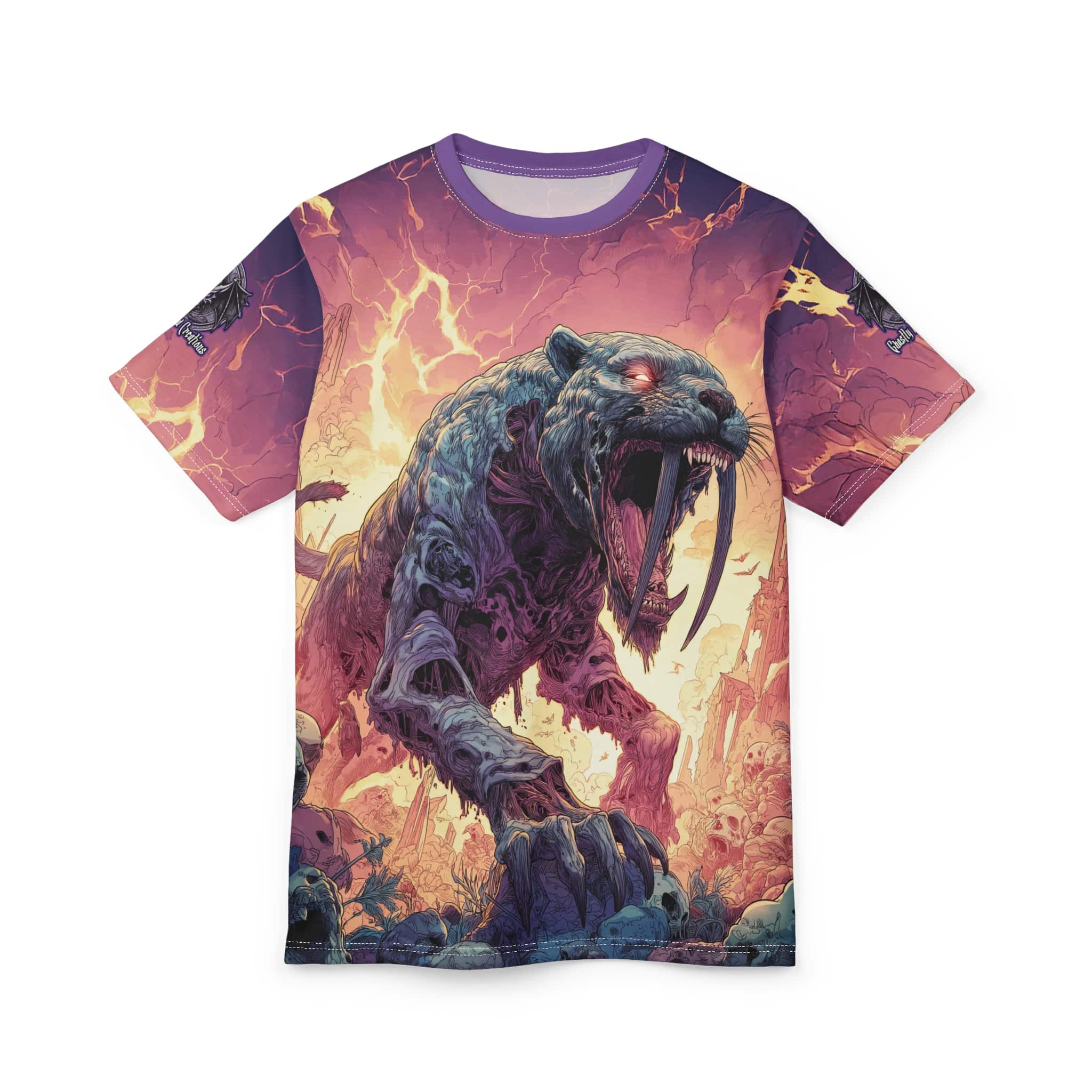 Zombie Smilodon Sabretooth Cat In Volcanic Wasteland Tee Unisex (AOP) - Image 29