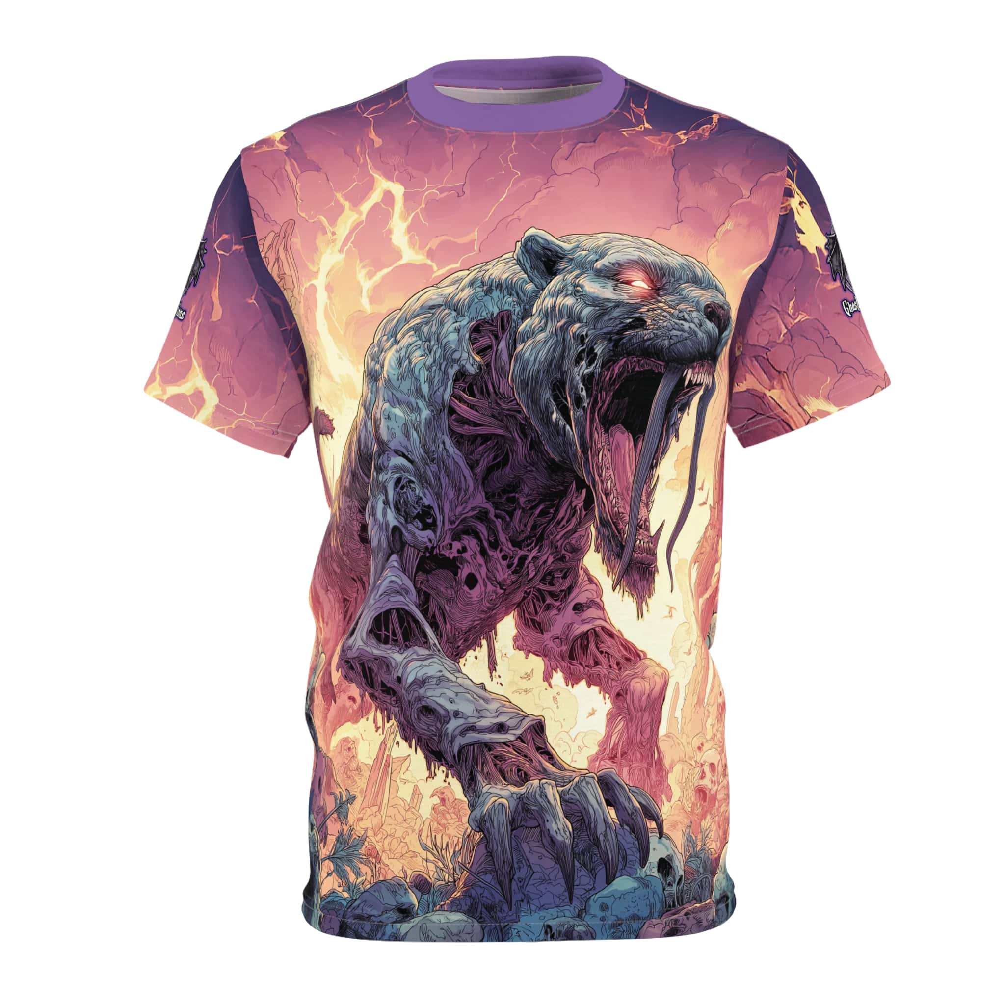Zombie Smilodon Sabretooth Cat In Volcanic Wasteland Tee Unisex (AOP) - Image 25