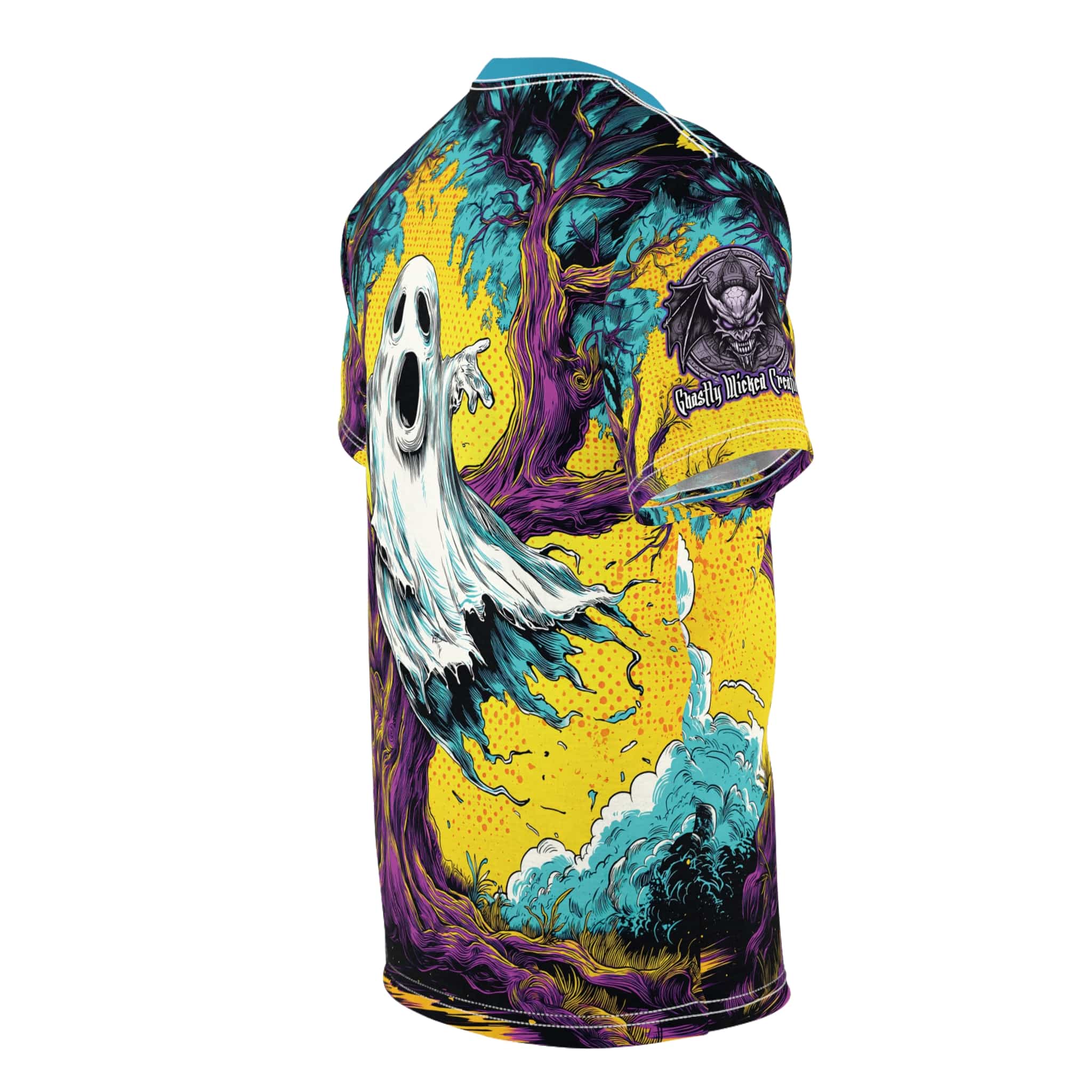Ghost & Spooky Tree Pop 60’s Art Style Unisex Cut & Sew Tee (AOP) Halloween - Image 8