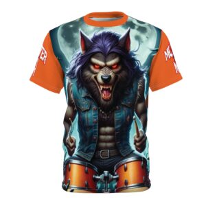 Monster Mosh 2024 Tour Wolfie On Drums MM-D004 Unisex Cut & Sew Tee (AOP) - Black or Orange Sleeves