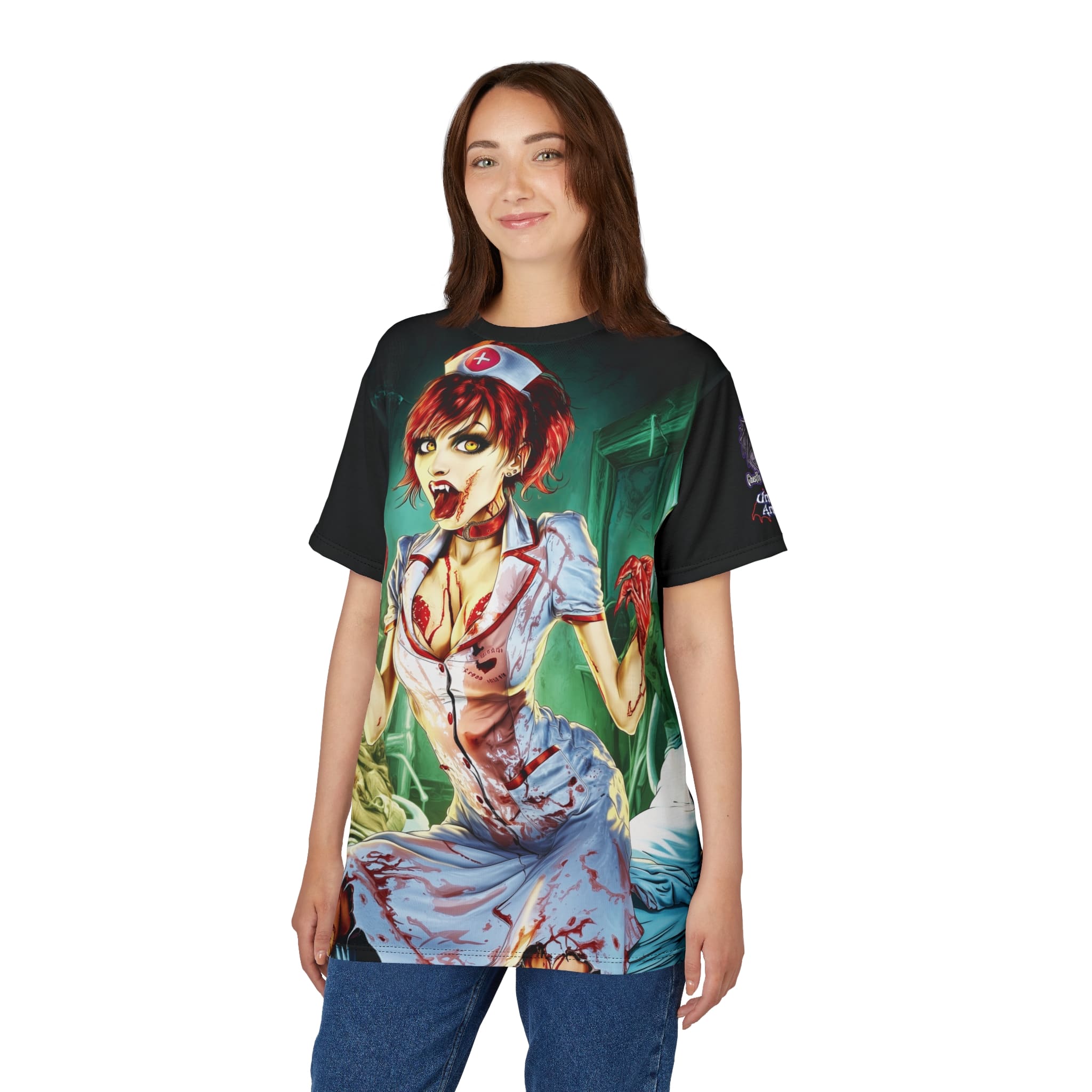 Undead Angels Zombie Nurse Abigail Reborn Style II-BZ Unisex Cut & Sew Tee (AOP) - Image 11