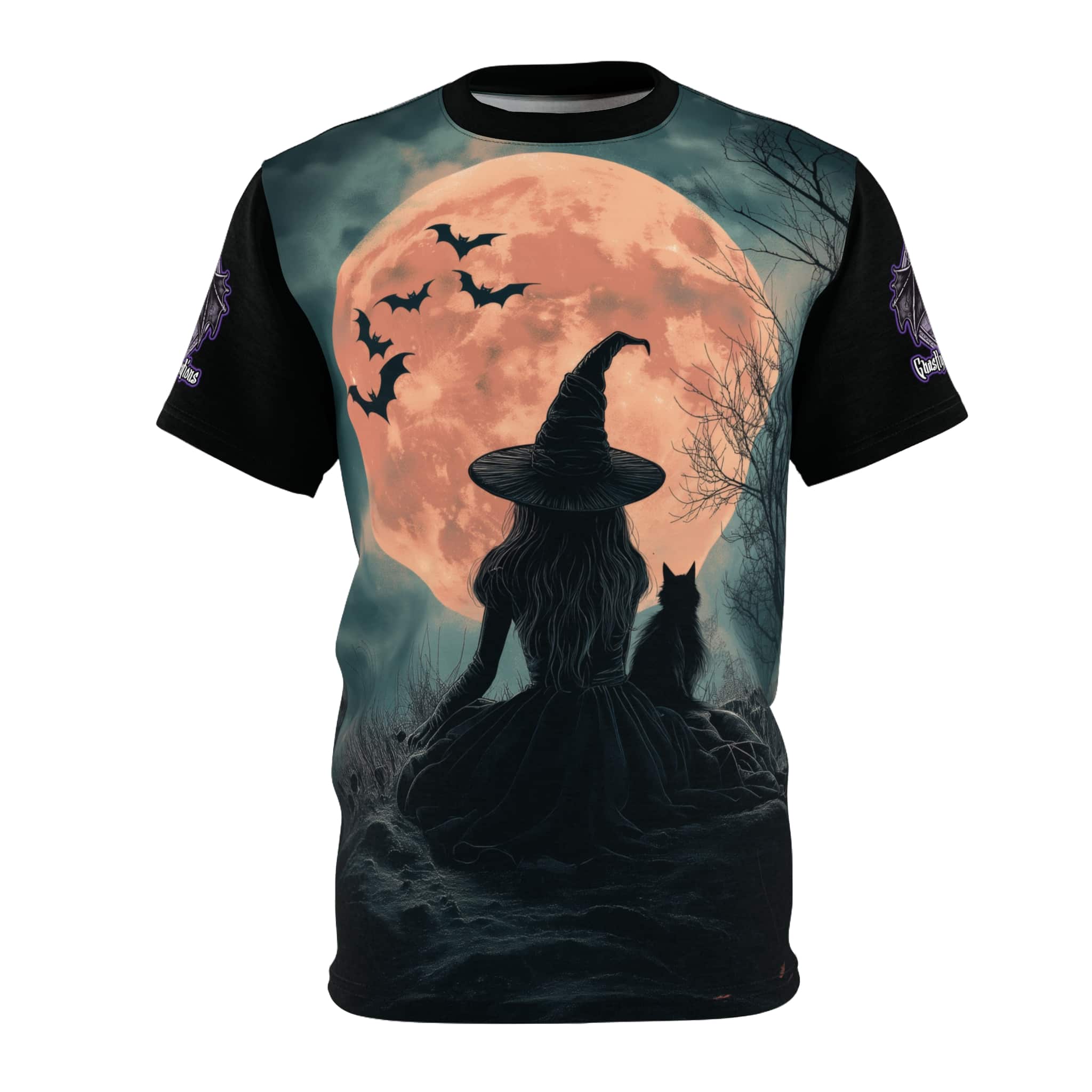 Witch With Black Cat By Moonlight #MJ-W004 Unisex Cut & Sew Tee (AOP)