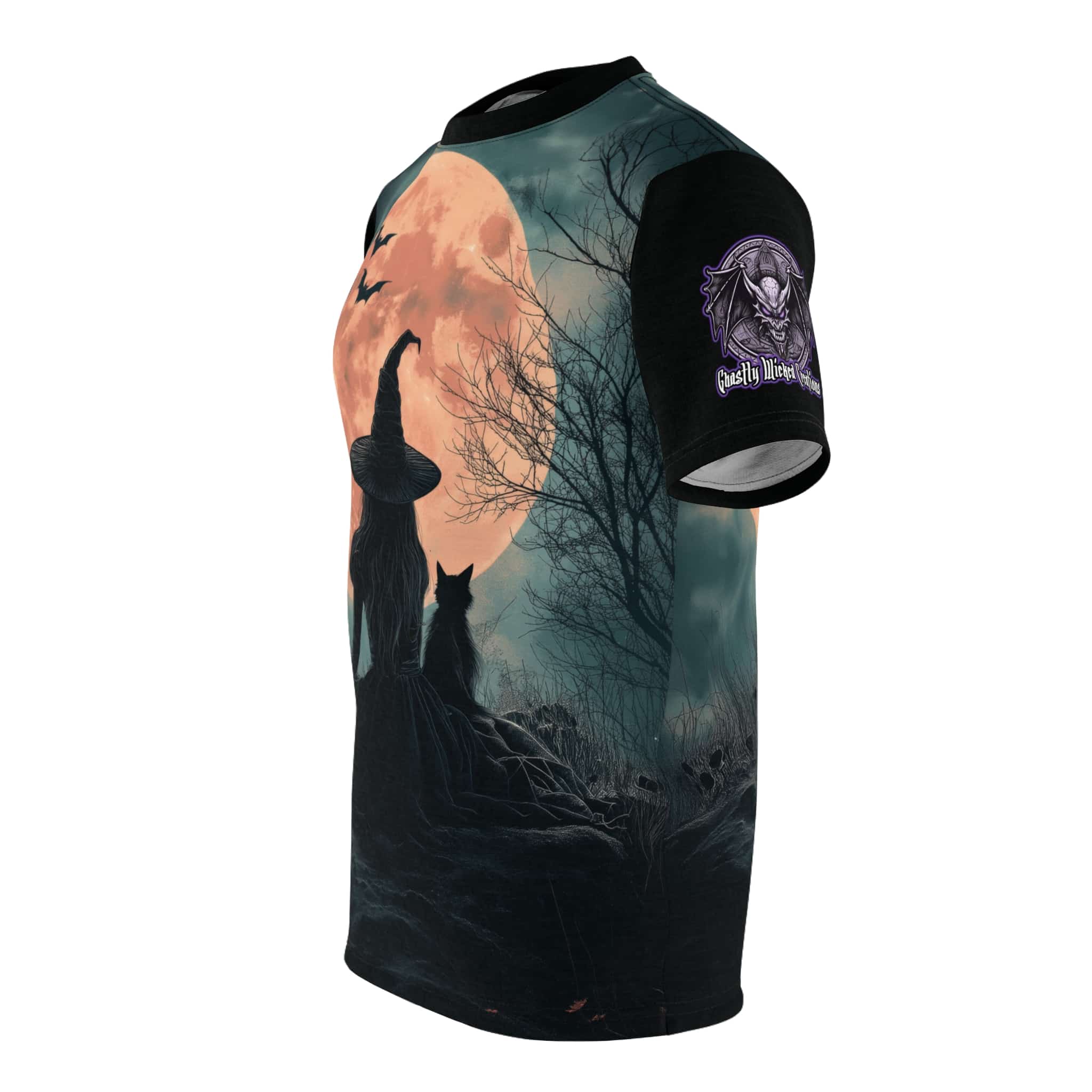 Witch With Black Cat By Moonlight #MJ-W004 Unisex Cut & Sew Tee (AOP) - Image 3