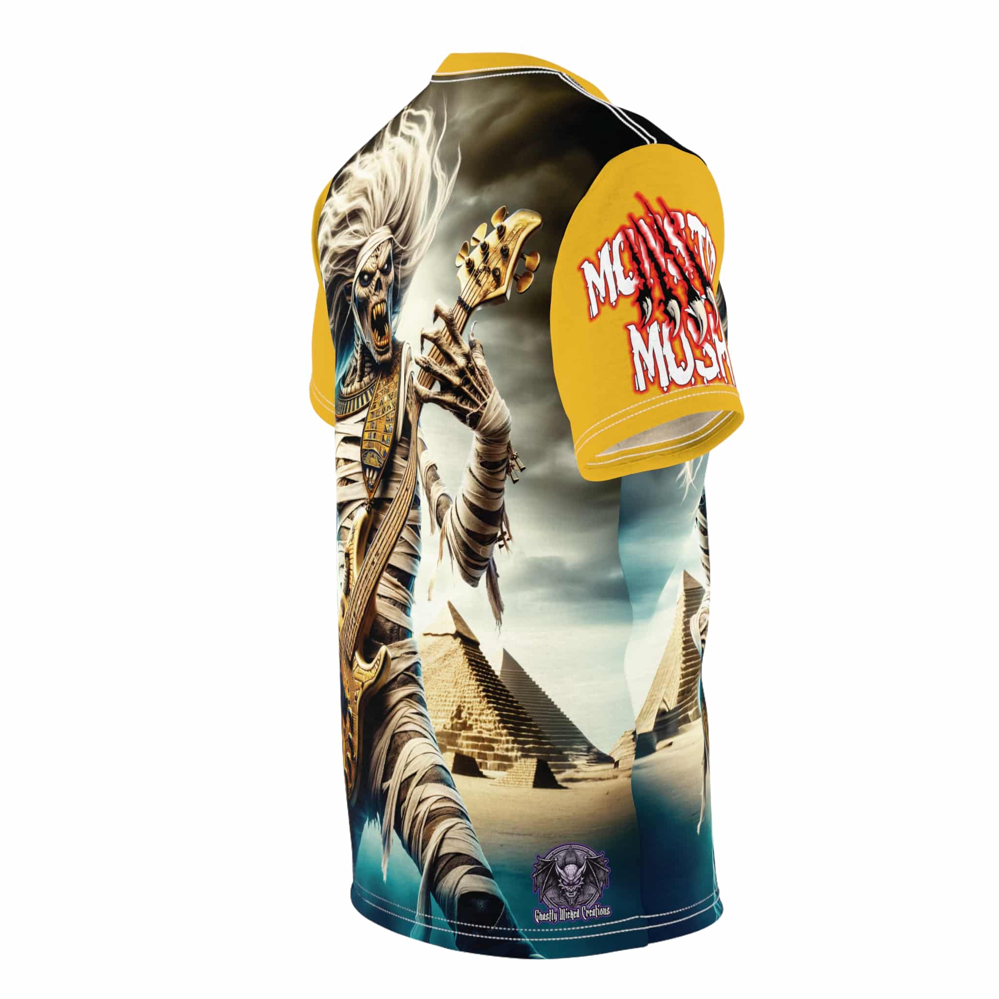 Monster Mosh 2024 Tour Mummy Bass Guitar MM-D003 Unisex Cut & Sew Tee (AOP) - Turquoise Or Yellow Sleeves - Image 4