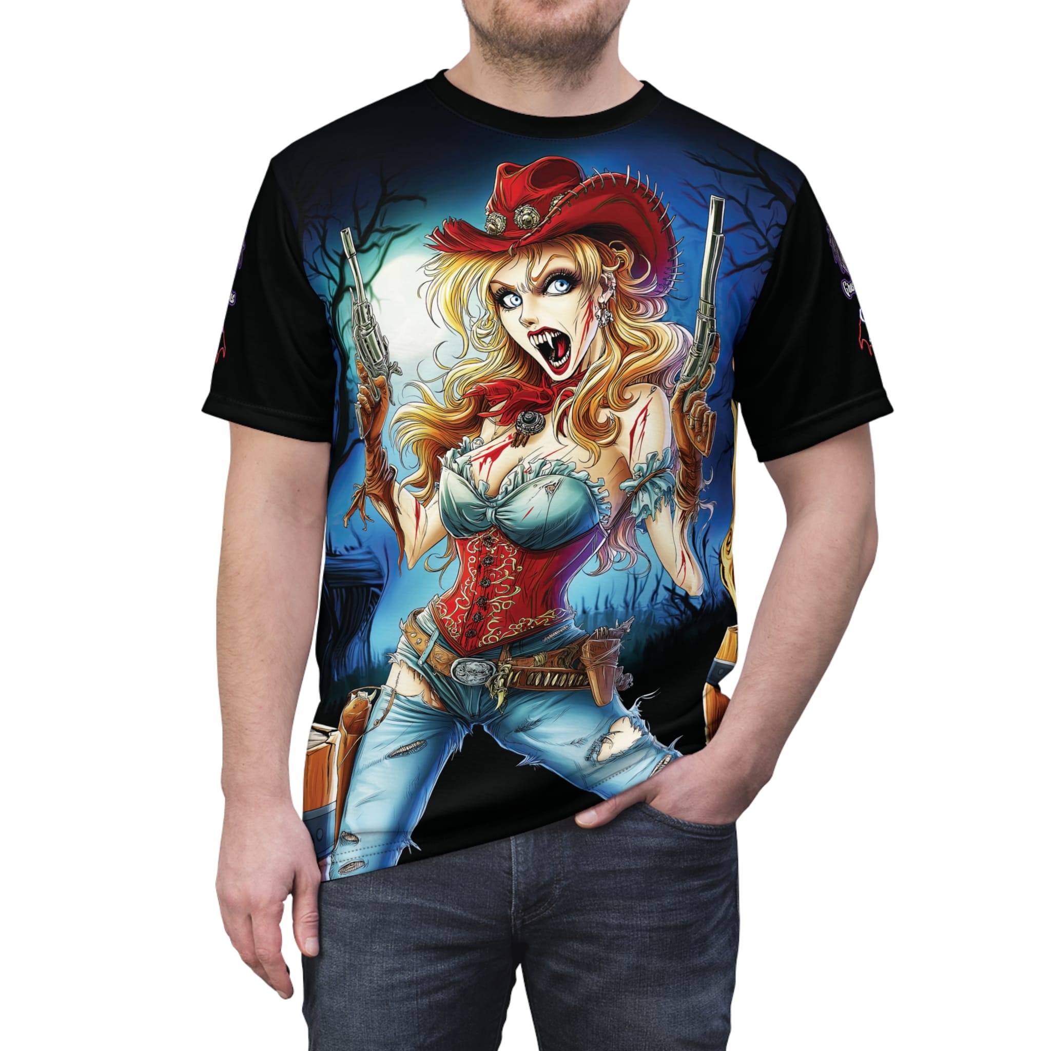 Undead Angels Zombie Cowgirl Cassidy Classic Reborn Style IV Unisex Cut & Sew Tee (AOP) - Image 9