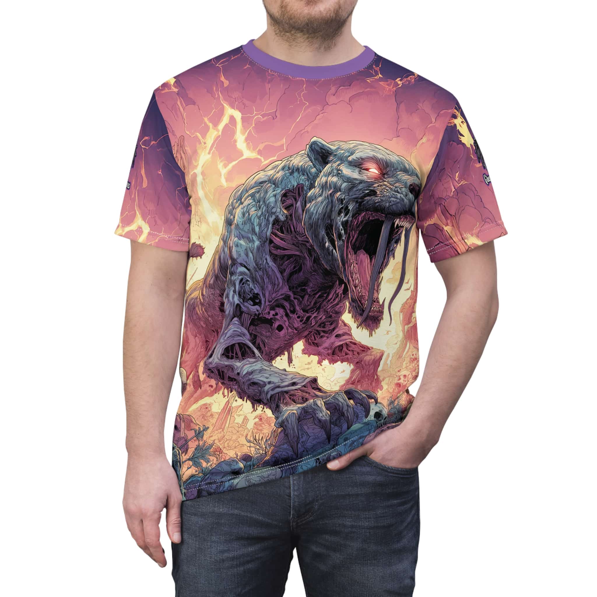 Zombie Smilodon Sabretooth Cat In Volcanic Wasteland Tee Unisex (AOP) - Image 26