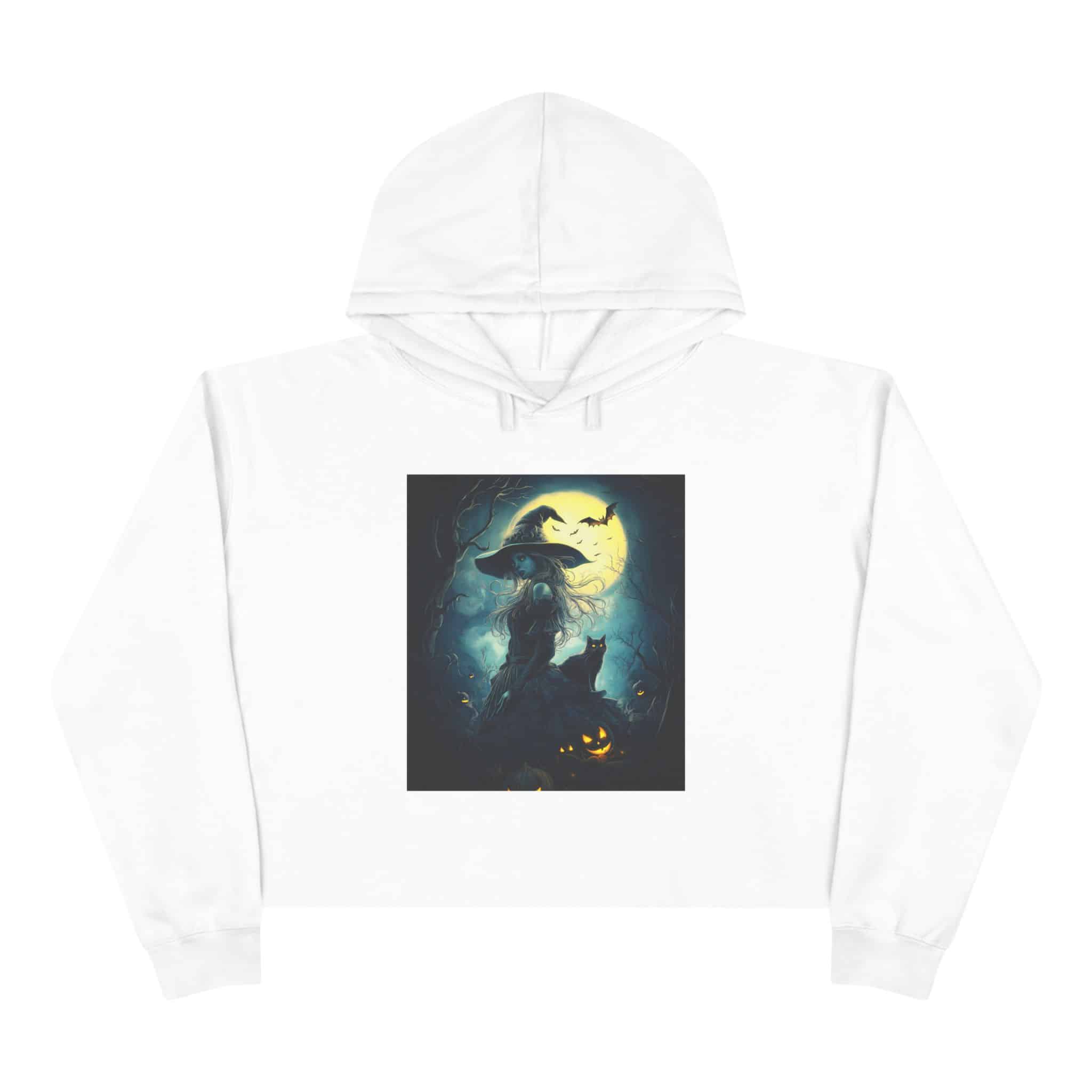 Witch With Black Cat By Moonlight #MJ-W001 Woman's Crop Hoodie - Image 4