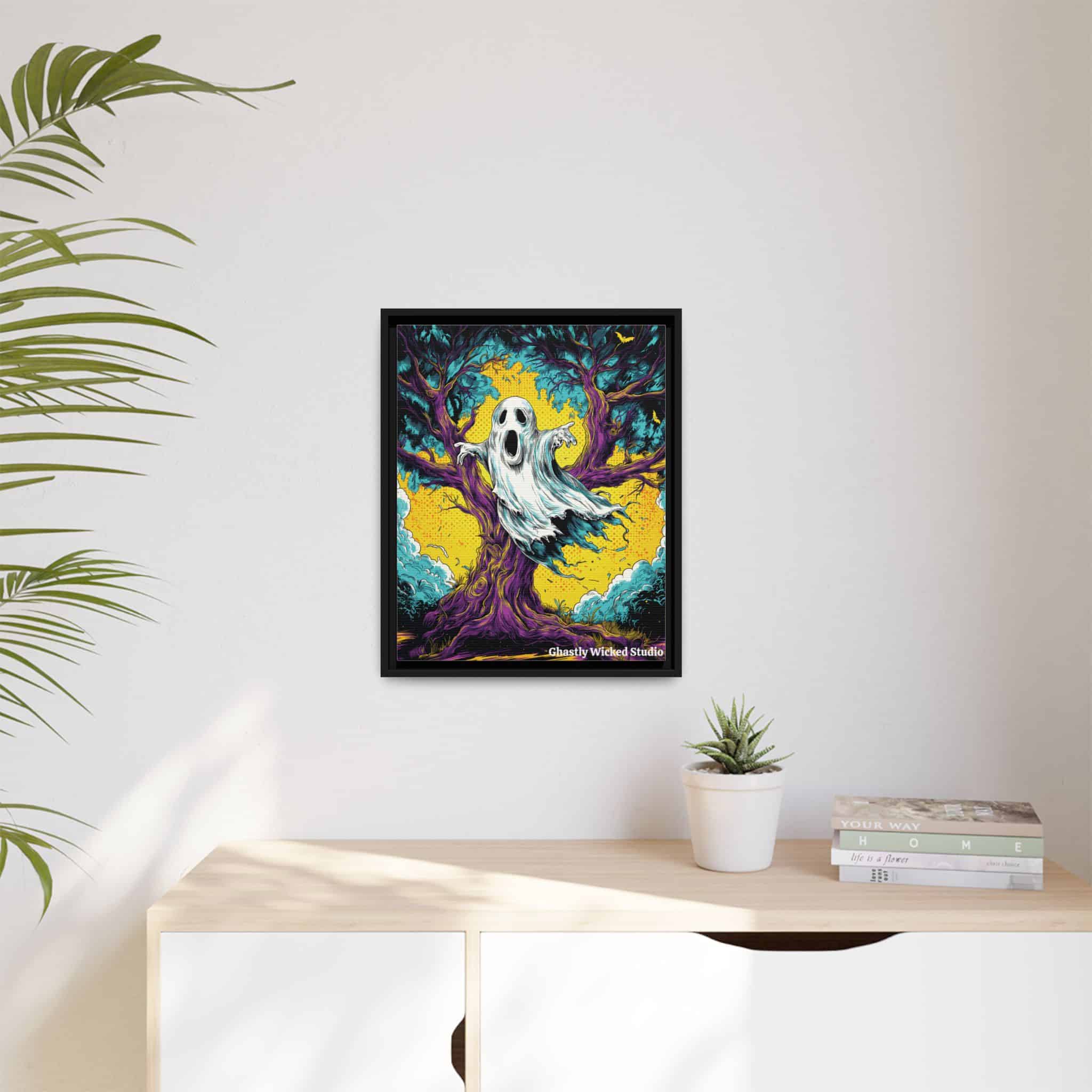 Ghost & Spooky Tree Pop 60’s Art Style Matte Canvas, Black Frame Halloween - Image 6