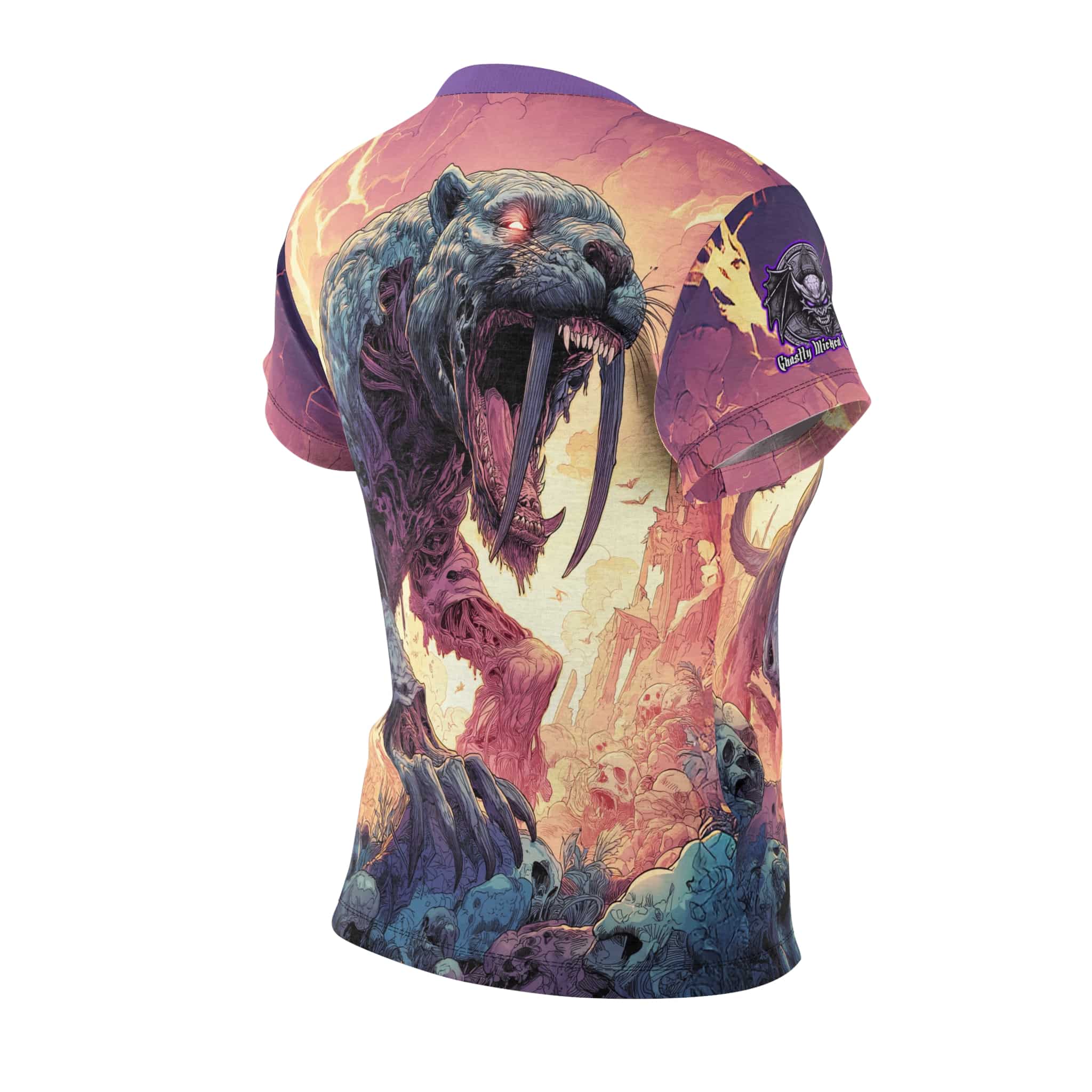 Zombie Smilodon Sabretooth Cat In Volcanic Wasteland Tee Women's (AOP) - Image 7