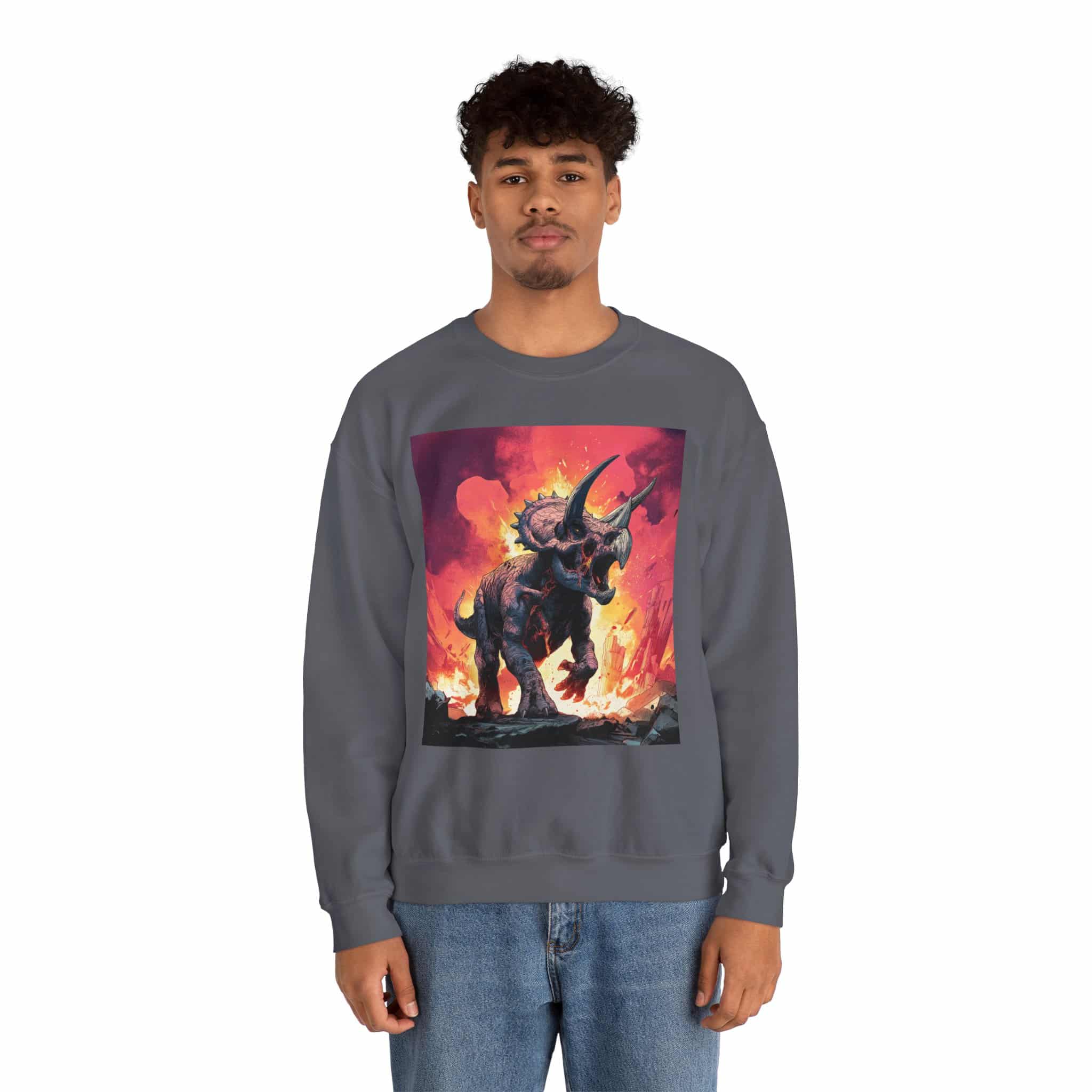 Skeletal Zombie Triceratops In Volcanic Wasteland Unisex Heavy Blend™ Crewneck Sweatshirt - Image 16