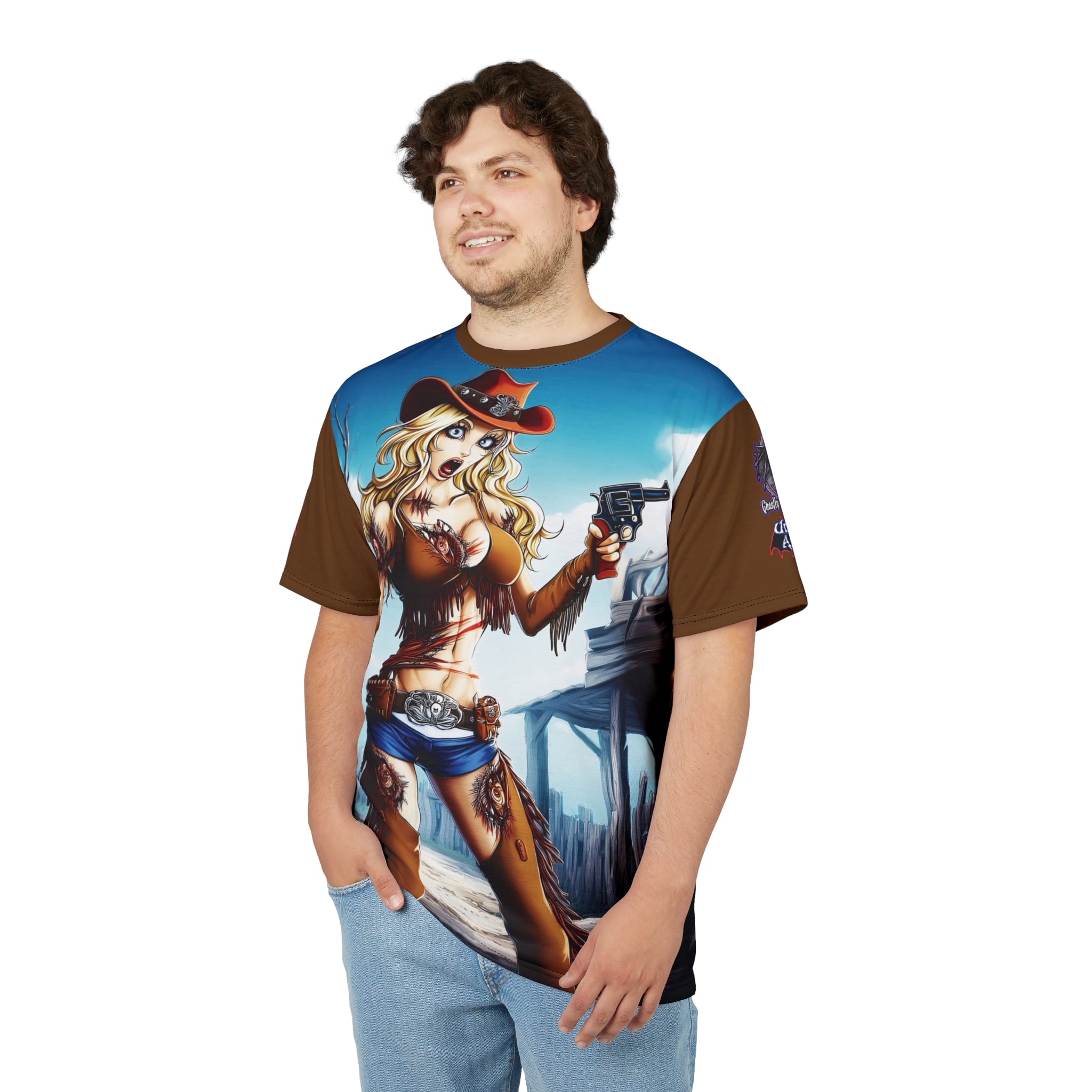 Undead Angels Zombie Cowgirl Cassidy Classic Reborn Style Unisex Cut & Sew Tee (AOP) Brown - Image 10