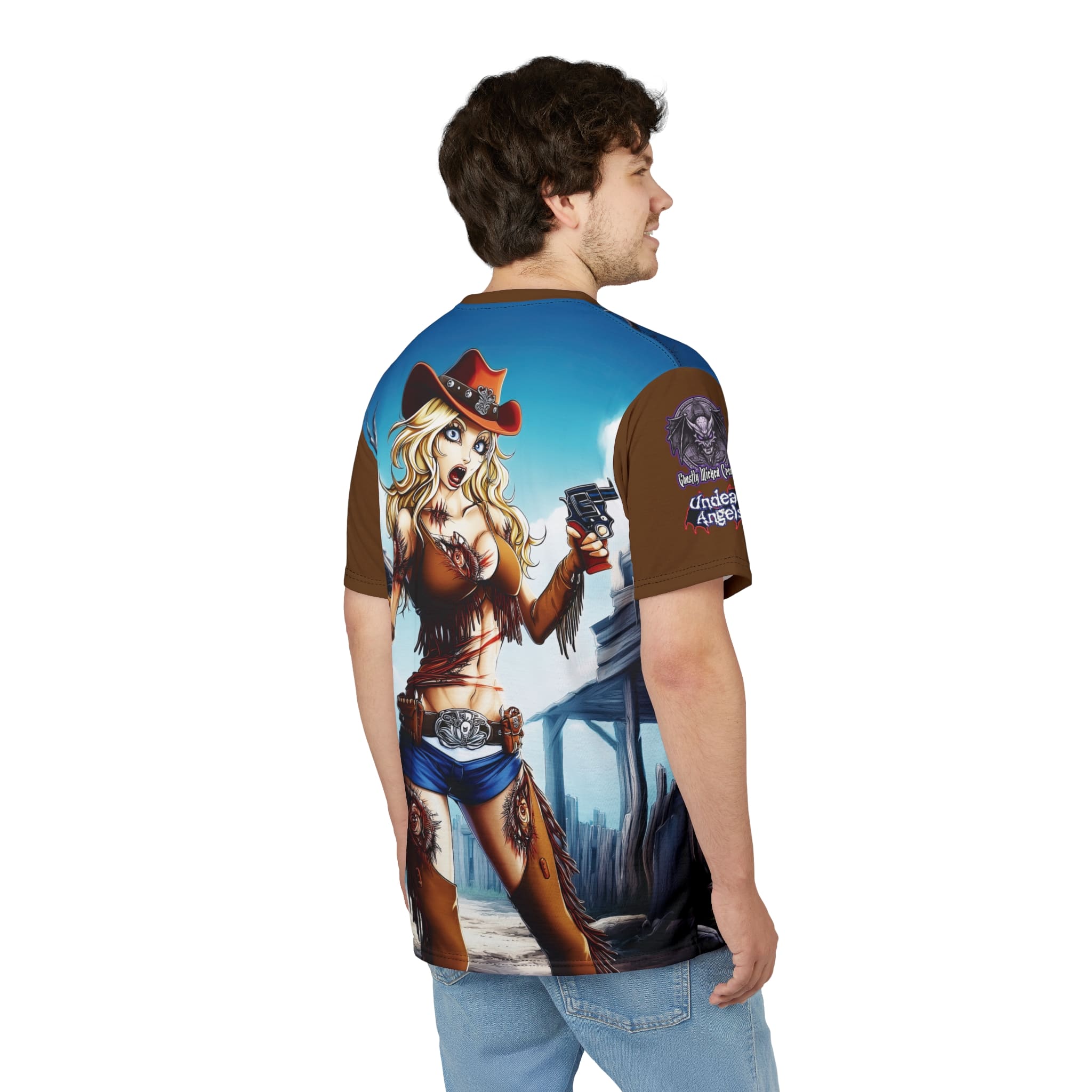 Undead Angels Zombie Cowgirl Cassidy Classic Reborn Style Unisex Cut & Sew Tee (AOP) Brown - Image 13