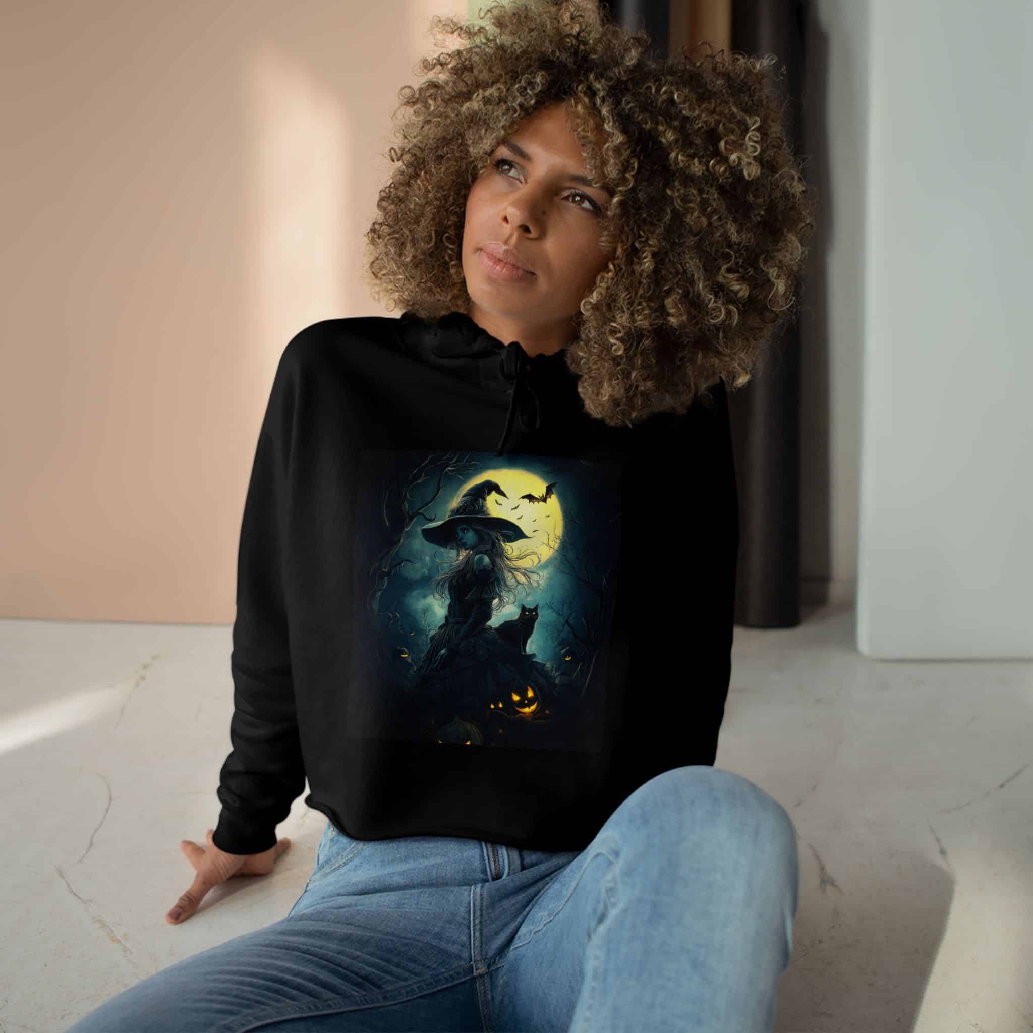 Witch With Black Cat By Moonlight #MJ-W001 Woman's Crop Hoodie