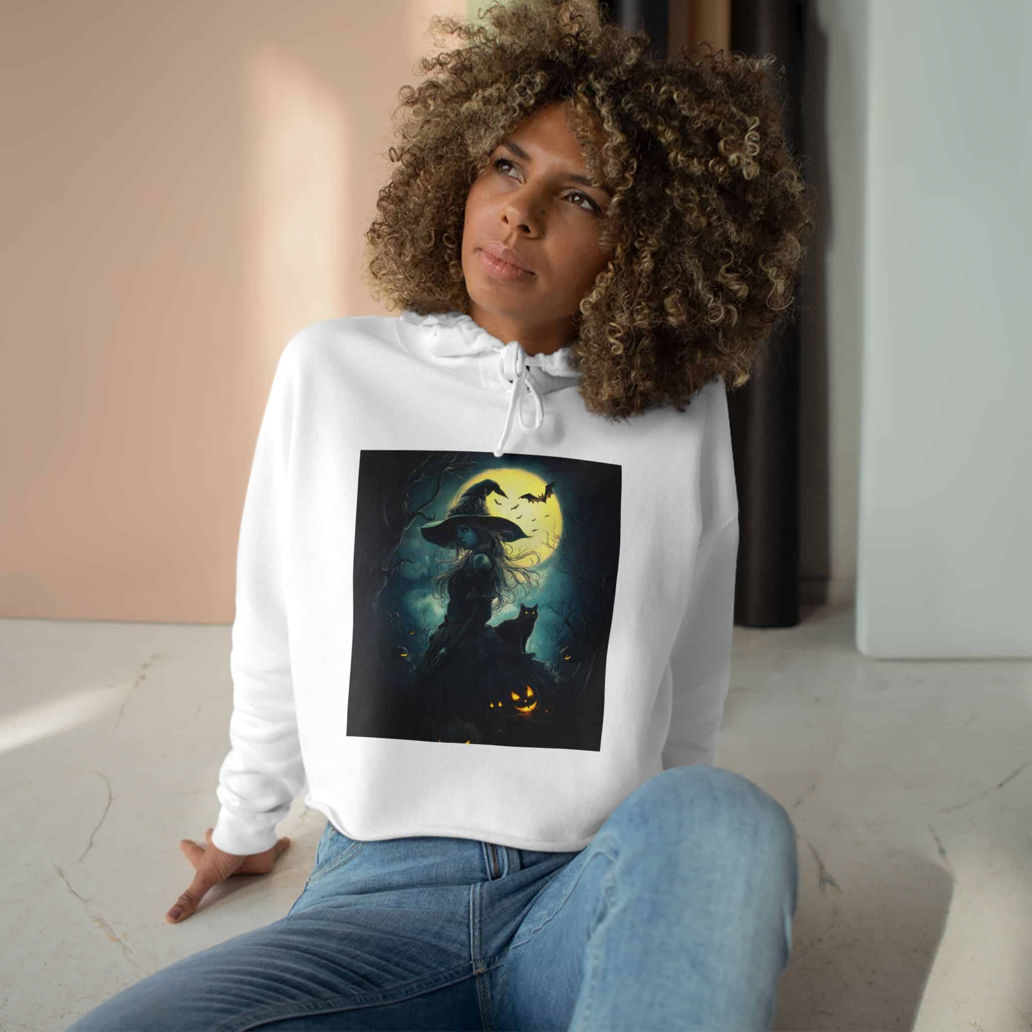 Witch With Black Cat By Moonlight #MJ-W001 Woman's Crop Hoodie - Image 6