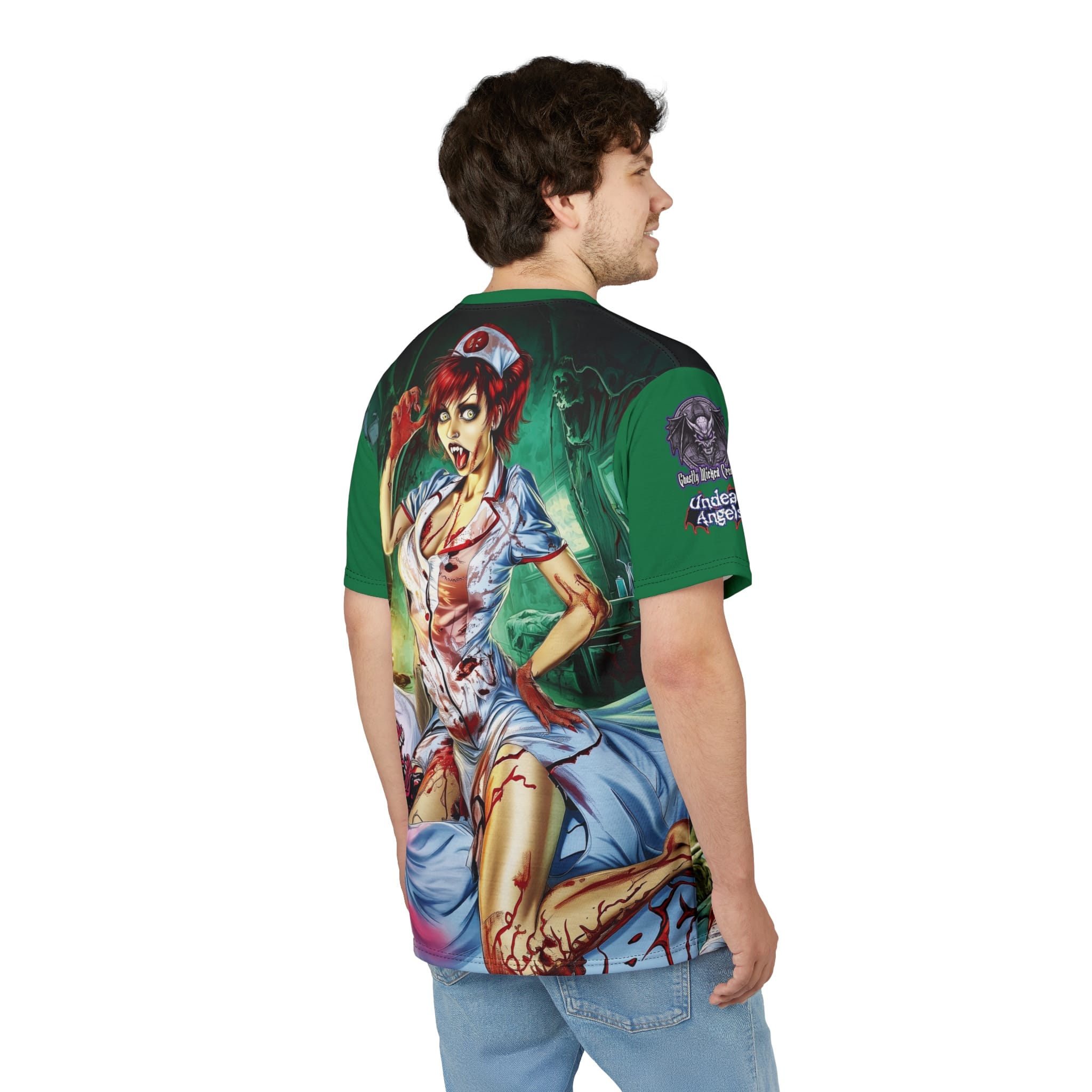 Undead Angels Zombie Nurse Abigail Reborn Style BZ-DS Unisex Cut & Sew Tee (AOP) Green - Image 13
