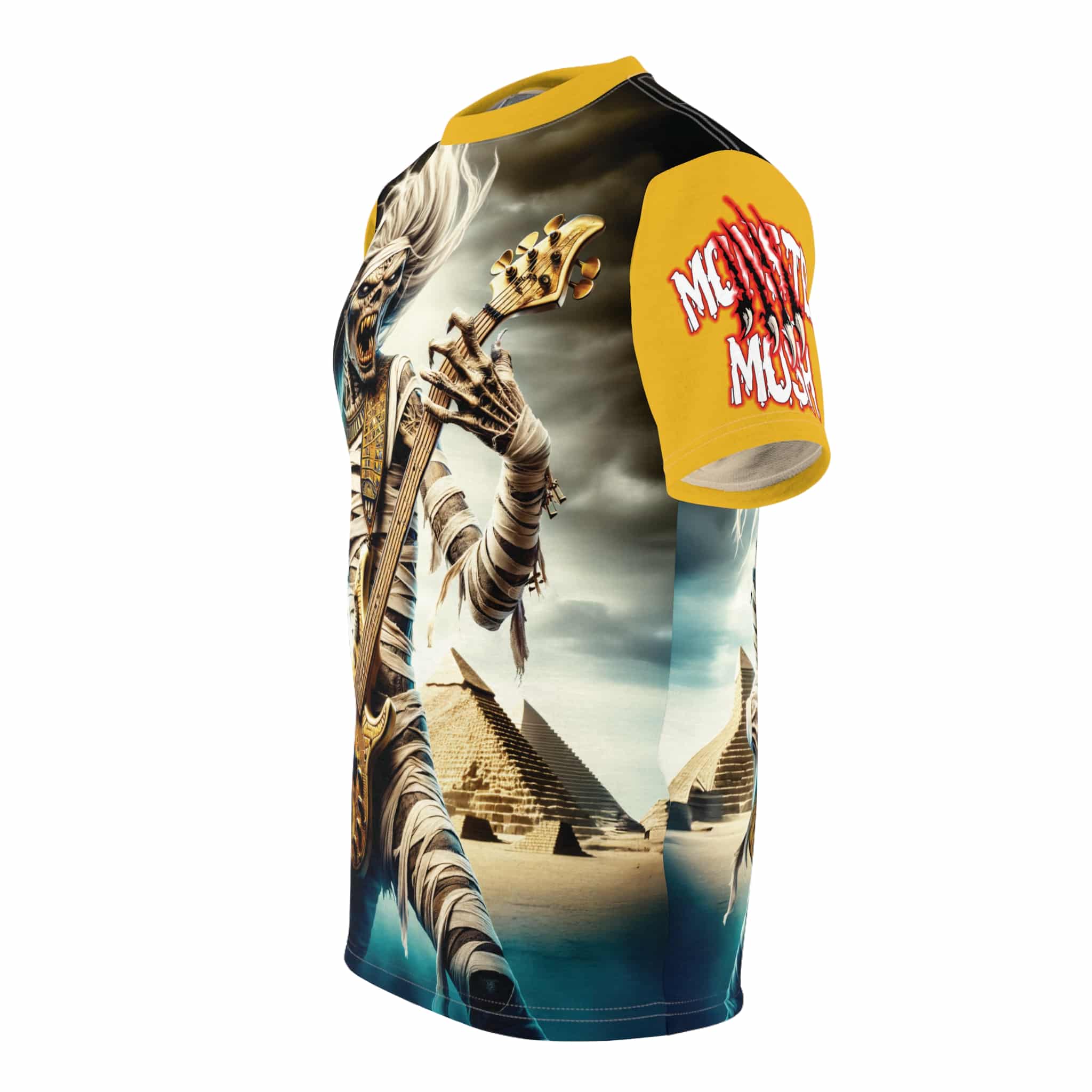 Monster Mosh 2024 Tour Mummy Bass Guitar MM-D003 Unisex Cut & Sew Tee (AOP) - Turquoise Or Yellow Sleeves - Image 3