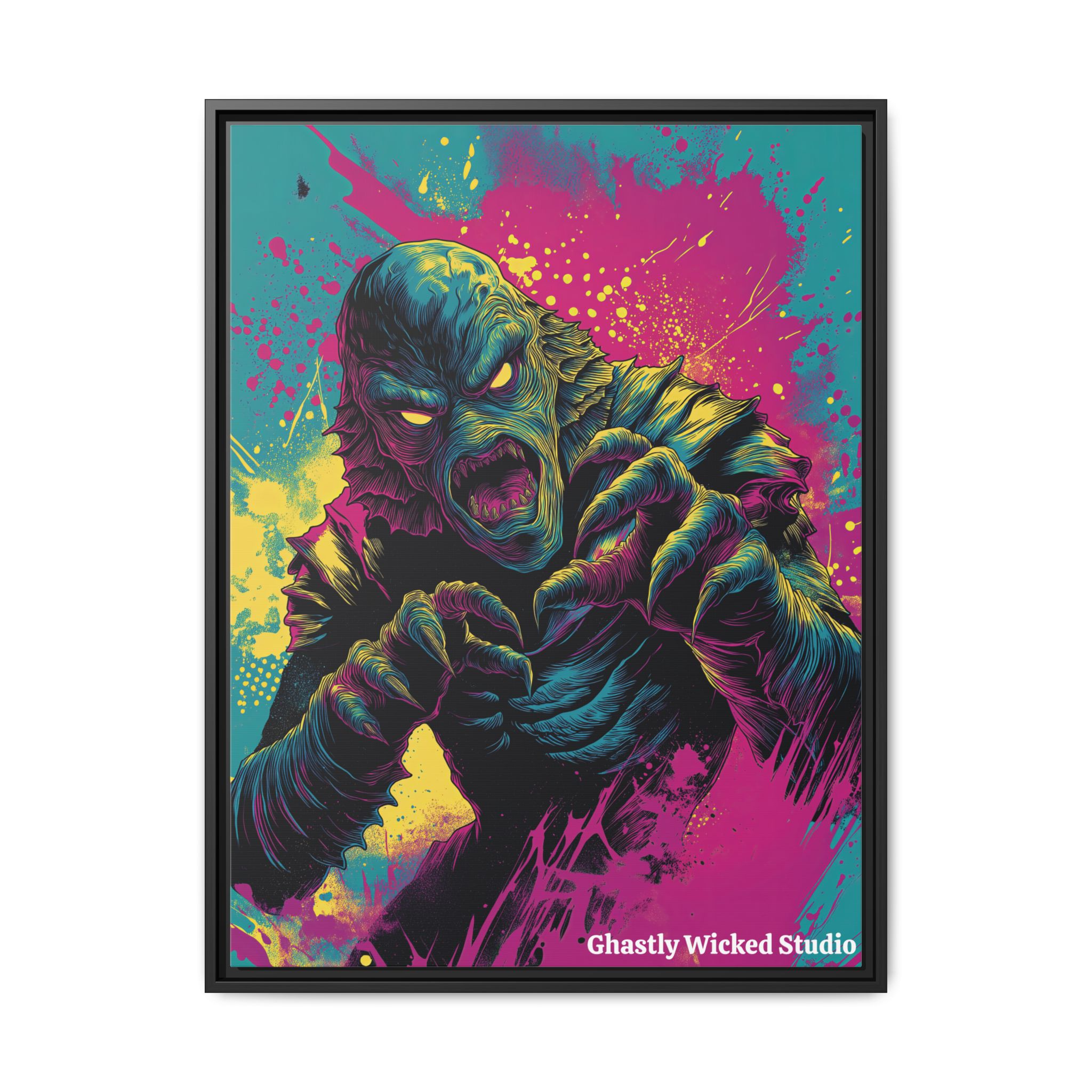Creature From The Deep Pop 60’s Art Style Matte Canvas, Black Frame Halloween - Image 10