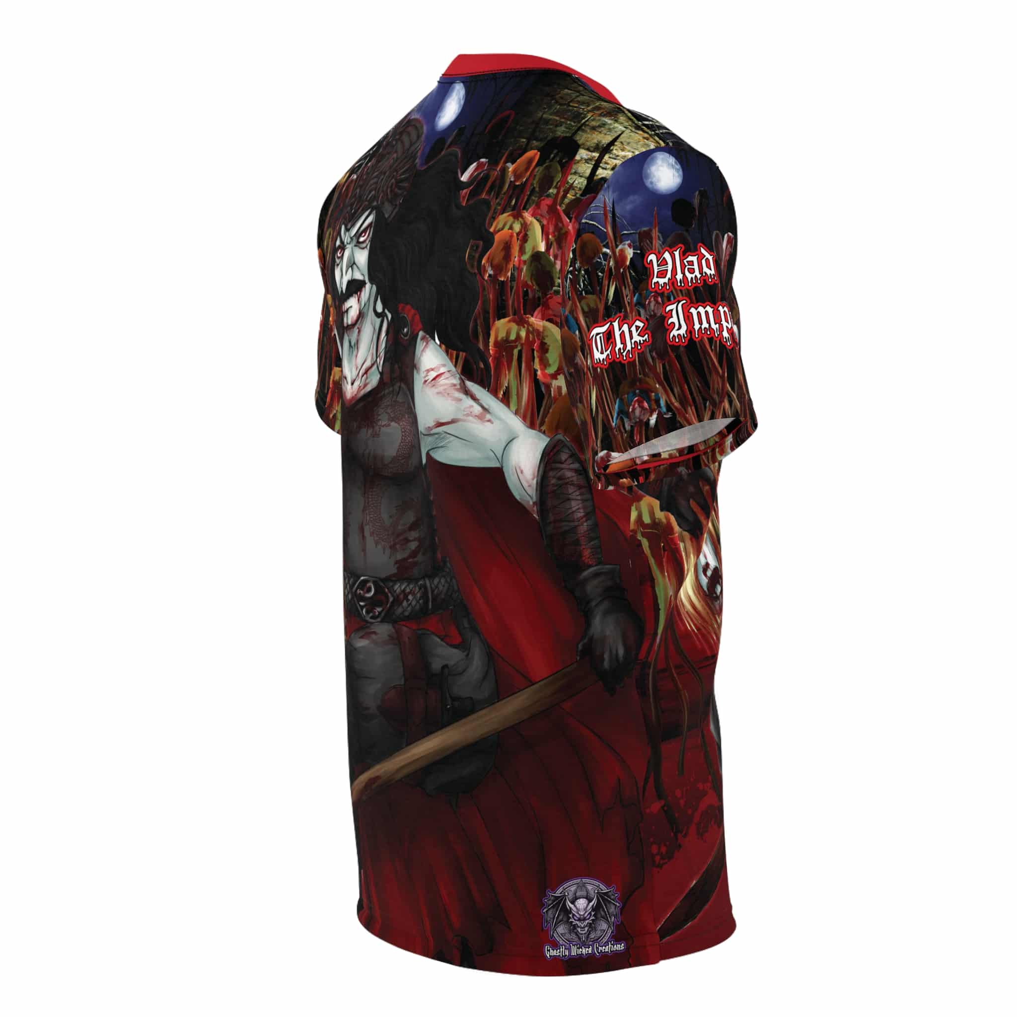 Vlad The Impaler Conquest Unisex Cut & Sew Tee (AOP) - Red Collar - Image 4