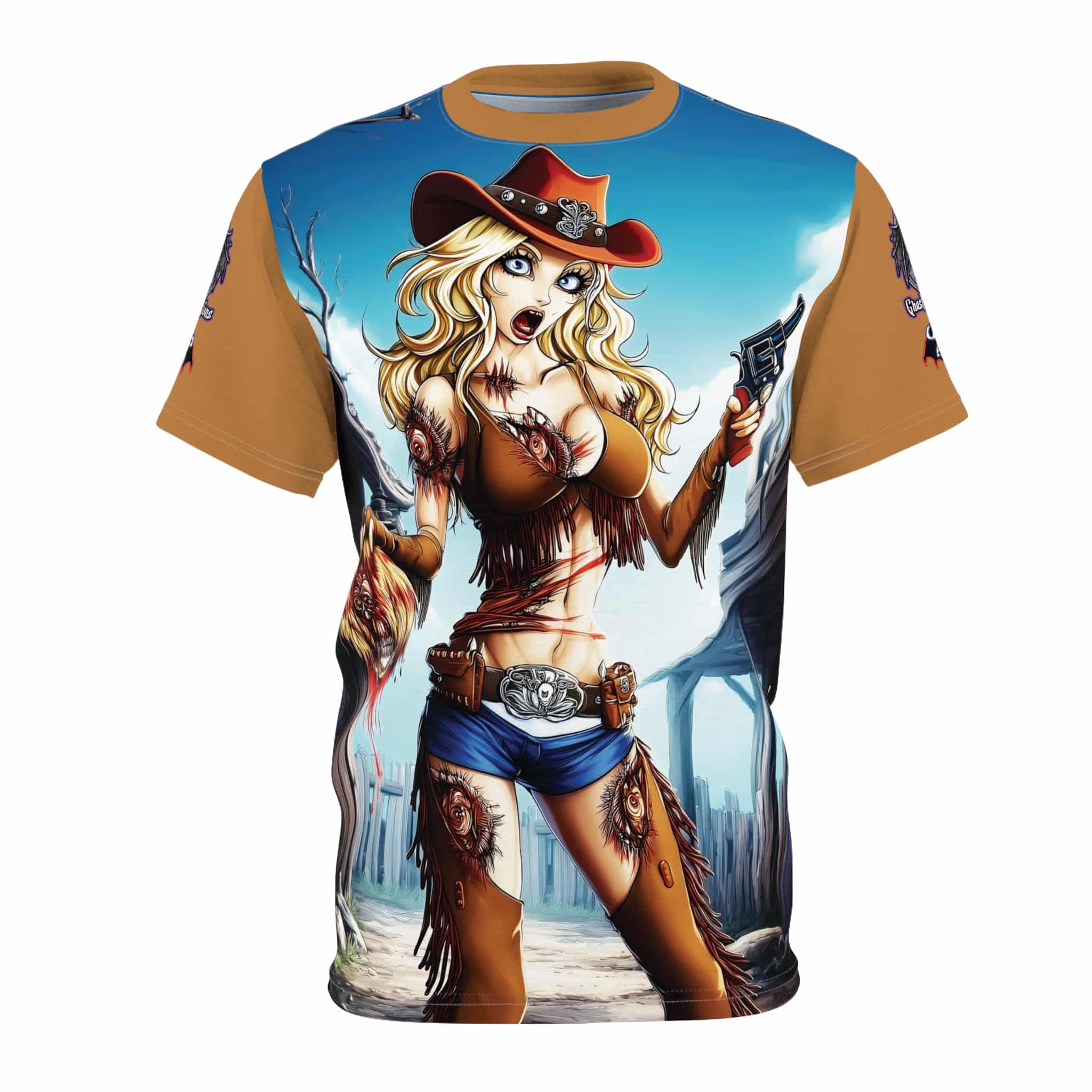 Undead Angels Zombie Cowgirl Cassidy Classic Reborn Style Unisex Cut & Sew Tee (AOP) Brown - Image 21