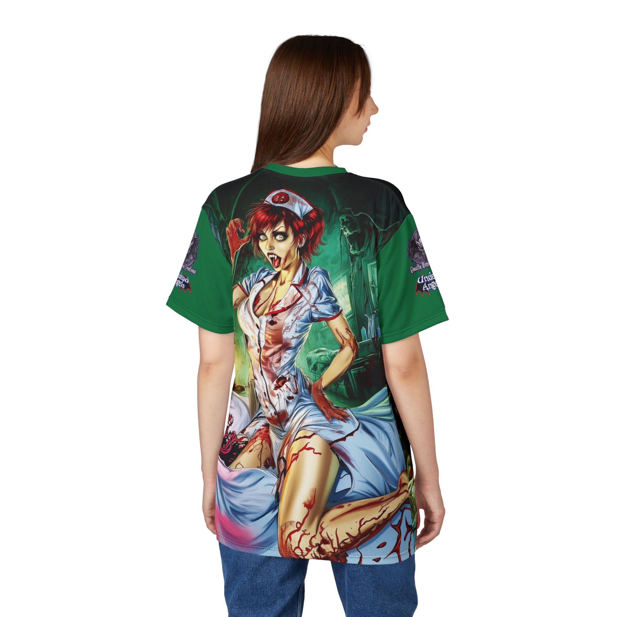 Undead Angels Zombie Nurse Abigail Reborn Style BZ-DS Unisex Cut & Sew Tee (AOP) Green - Image 14