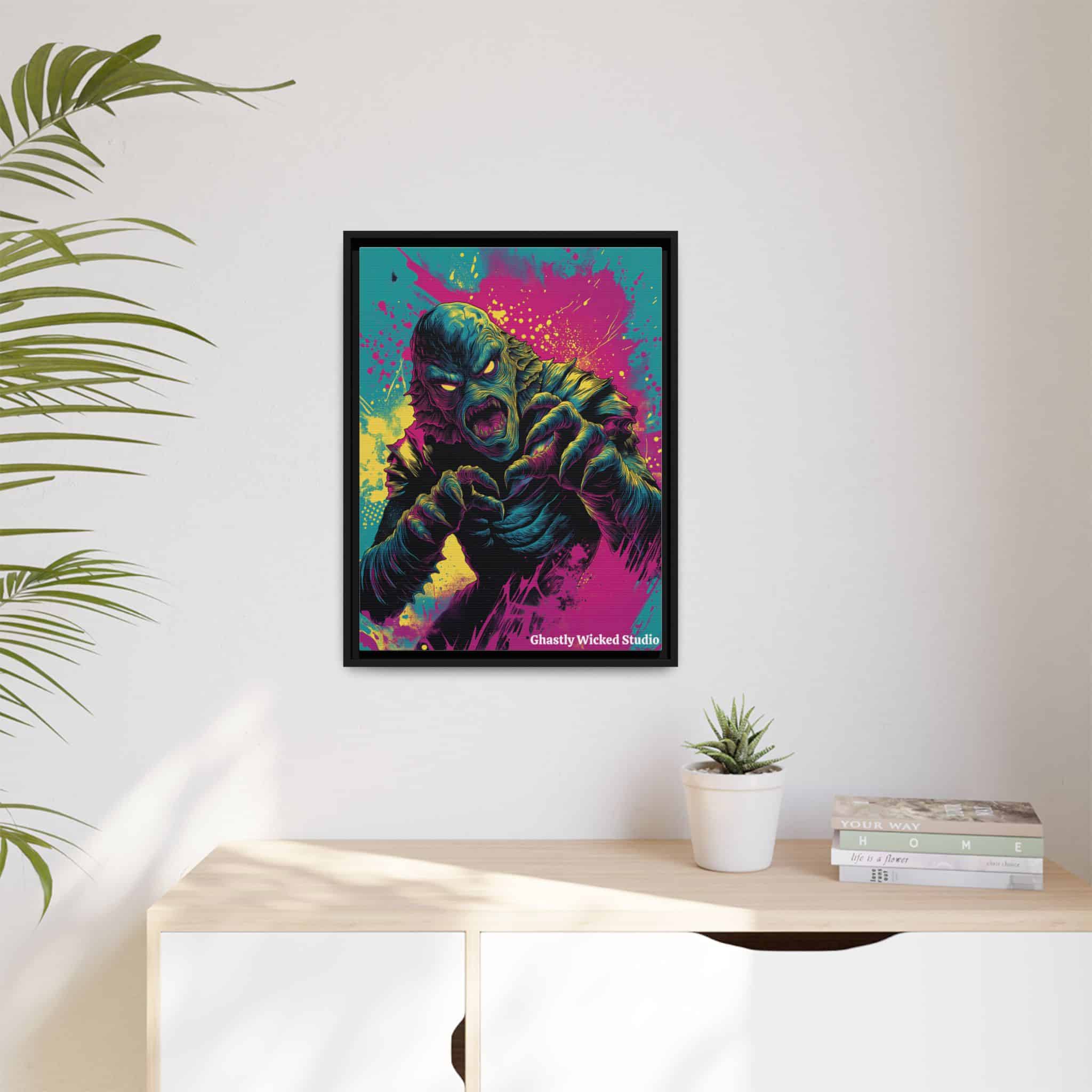 Creature From The Deep Pop 60’s Art Style Matte Canvas, Black Frame Halloween - Image 9