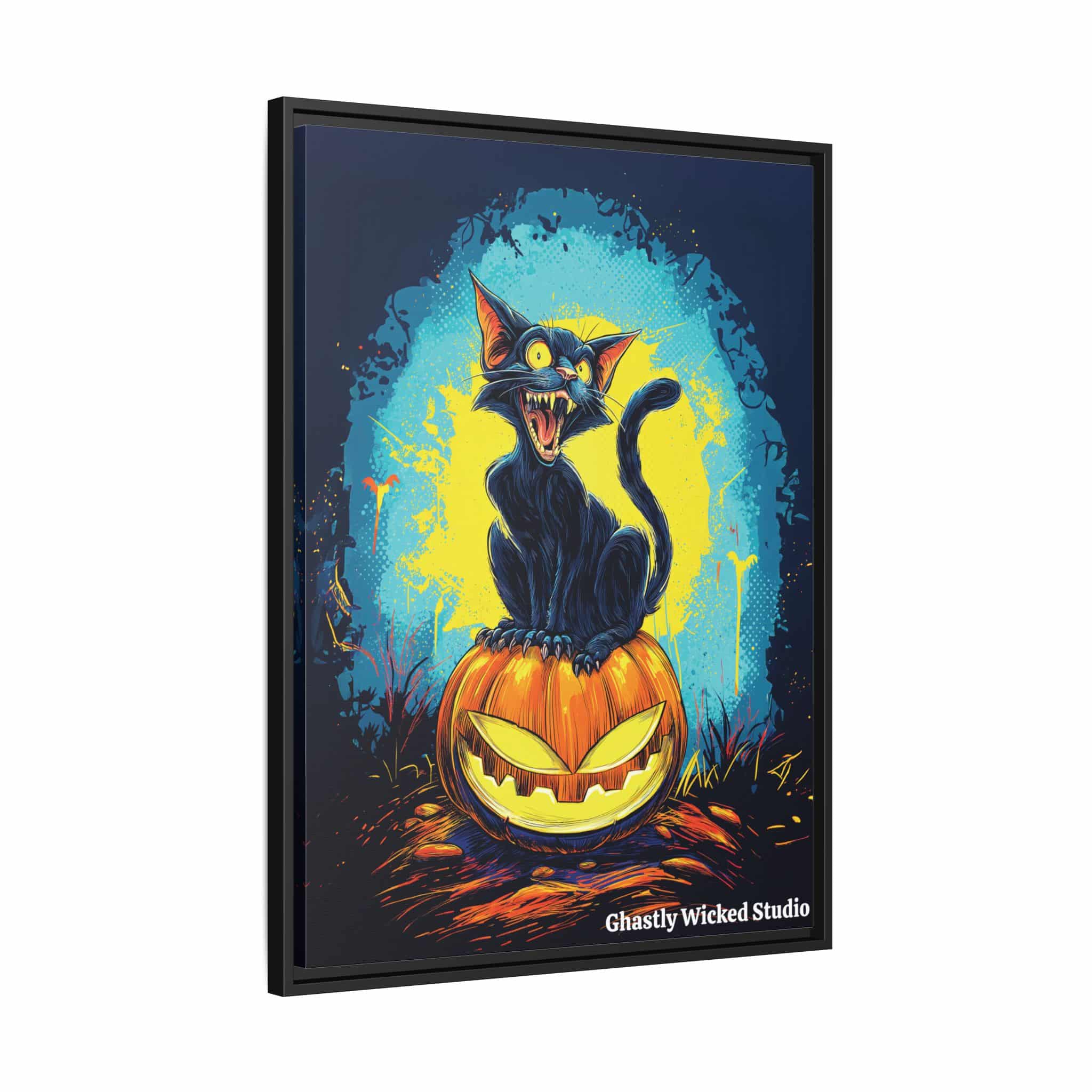 Black Cat On Jack O’ Lantern Pop 60’s Art Style Matte Canvas, Black Frame Halloween - Image 11