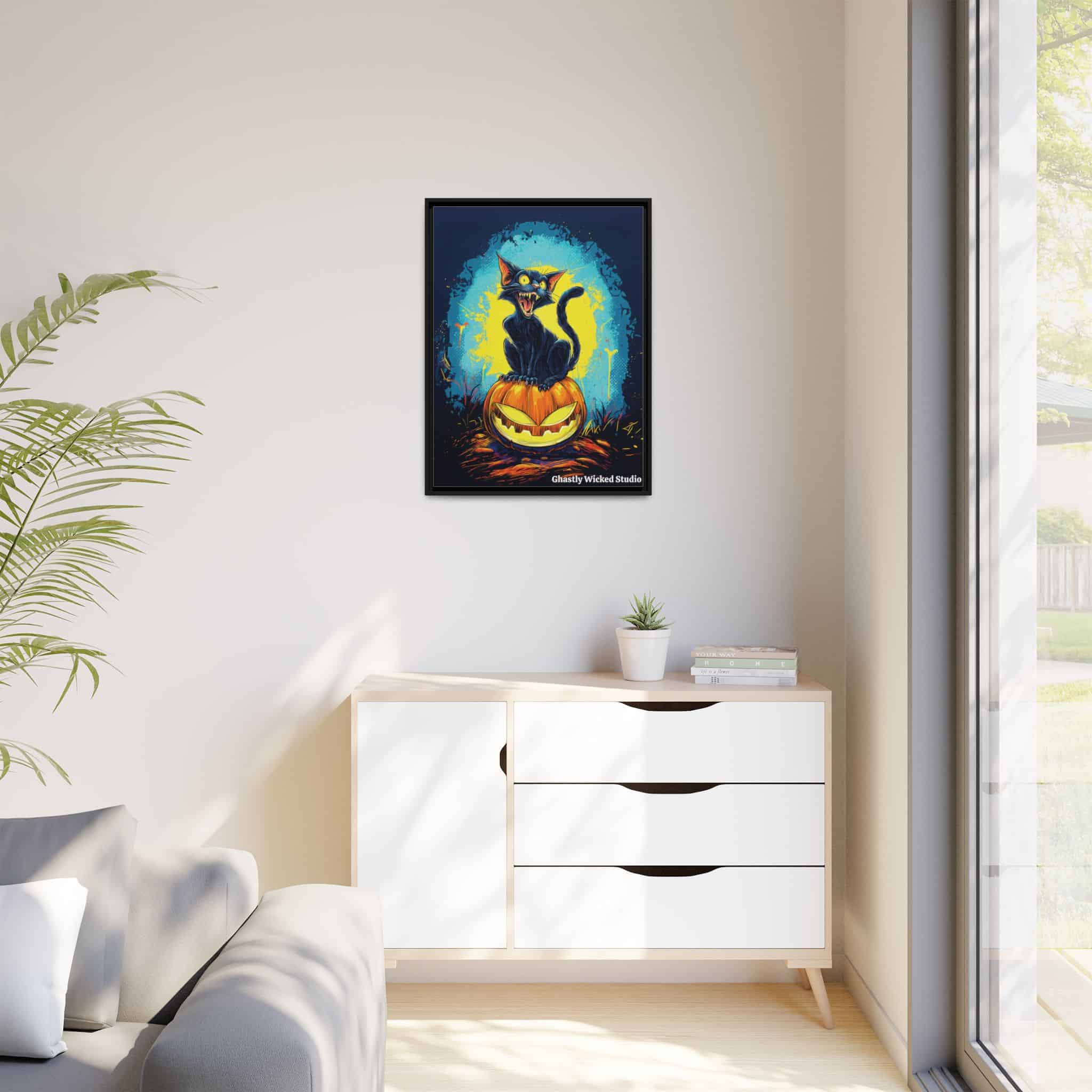 Black Cat On Jack O’ Lantern Pop 60’s Art Style Matte Canvas, Black Frame Halloween - Image 12